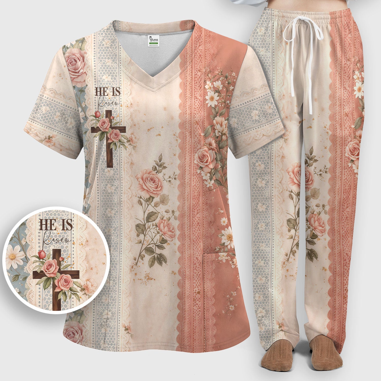 Inspirational Christian Cross Rose He Is Risen Vintage Floral Pattern Scrub Set, Scrub Pants and V Neck Top