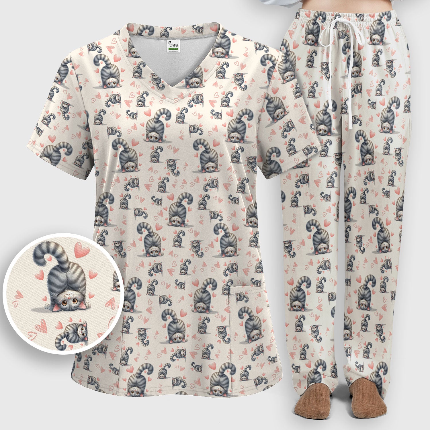 Valentine Cute Cat Scrub Set, Cat Heart Pattern Nurse Uniform, Comfortable Scrubs For Nurses