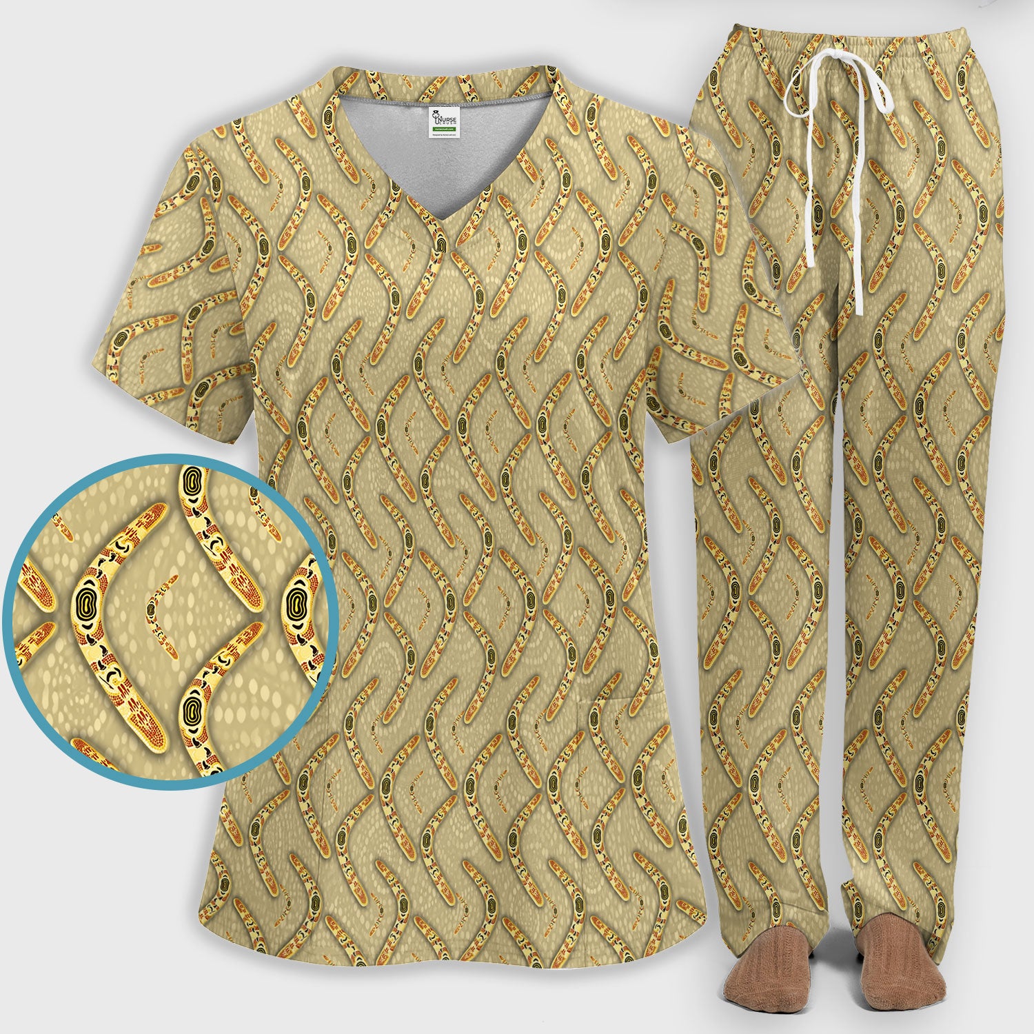 Aboriginal Boomerang Pattern Women Scrub Set, Breathable Med Uniform