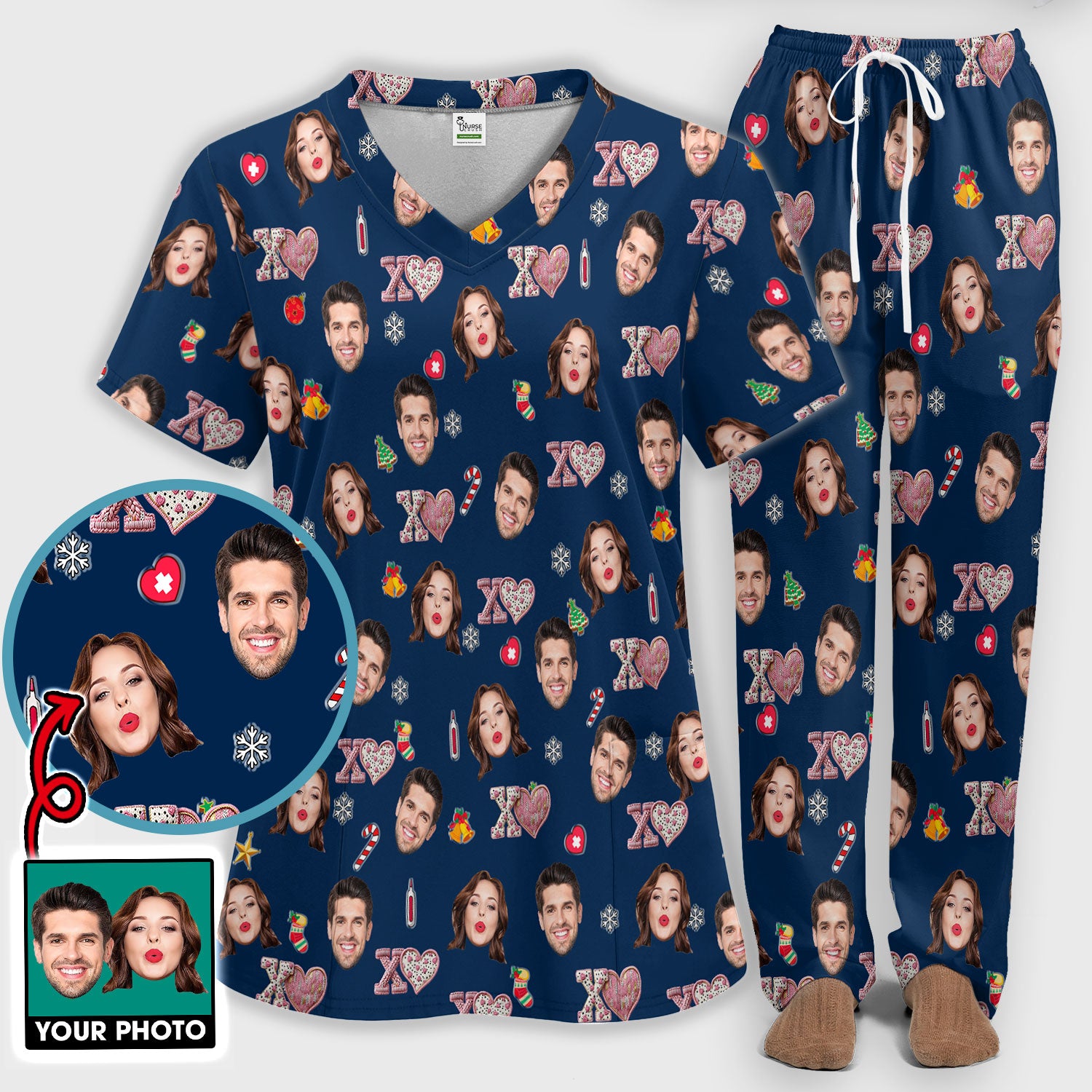 Custom Face Pattern XOXO Scrub Shirt, Personalized Photo Scrub Set, Breathable Fabrics Nursing Uniform
