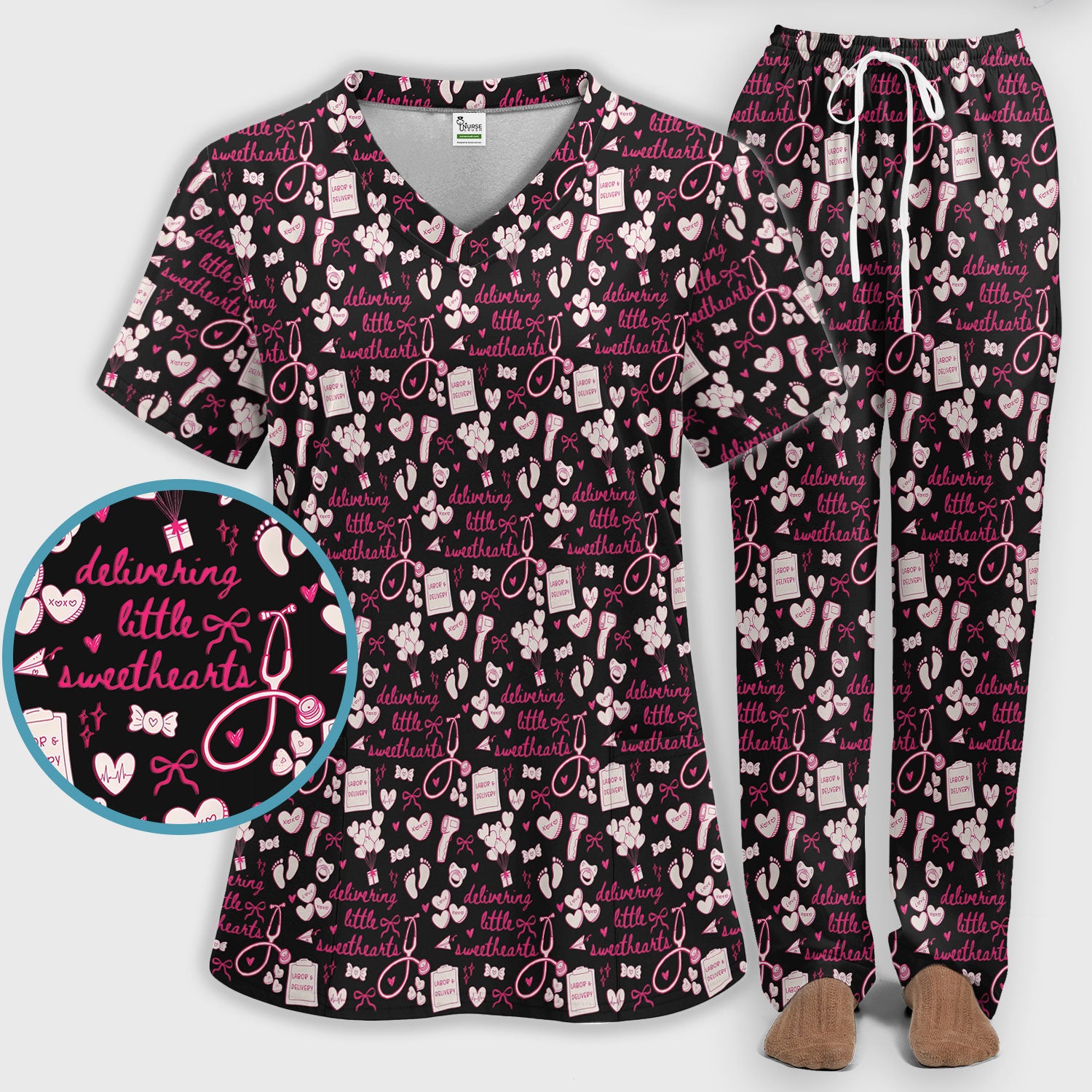 Valentine Labor And Delivery Scrub Set, XOXO Pattern Scrub Shirt, Breathable Fabrics Nursing Uniform For Women