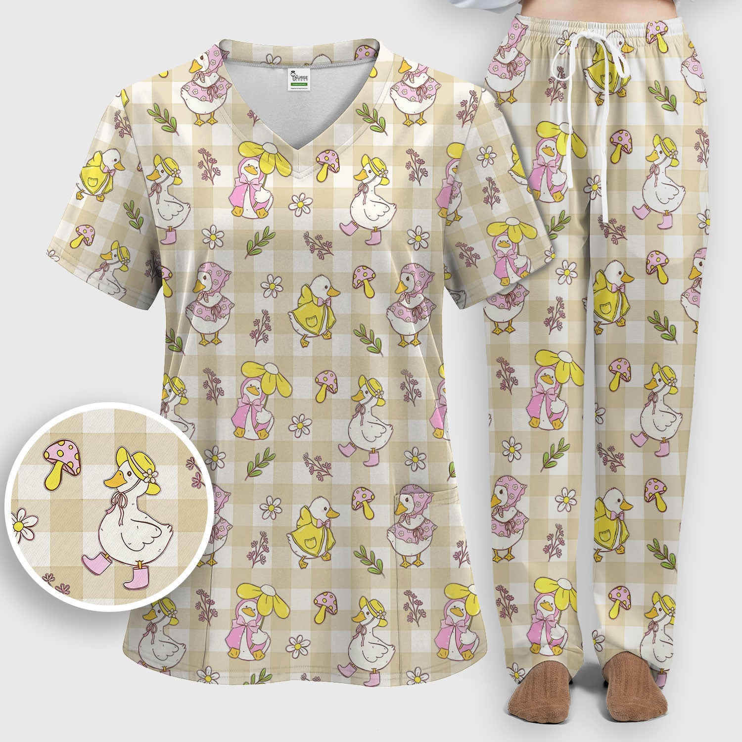 Cute Duck Outfit Gingham Pattern Scrub Set, Scrub Pants and V Neck Top
