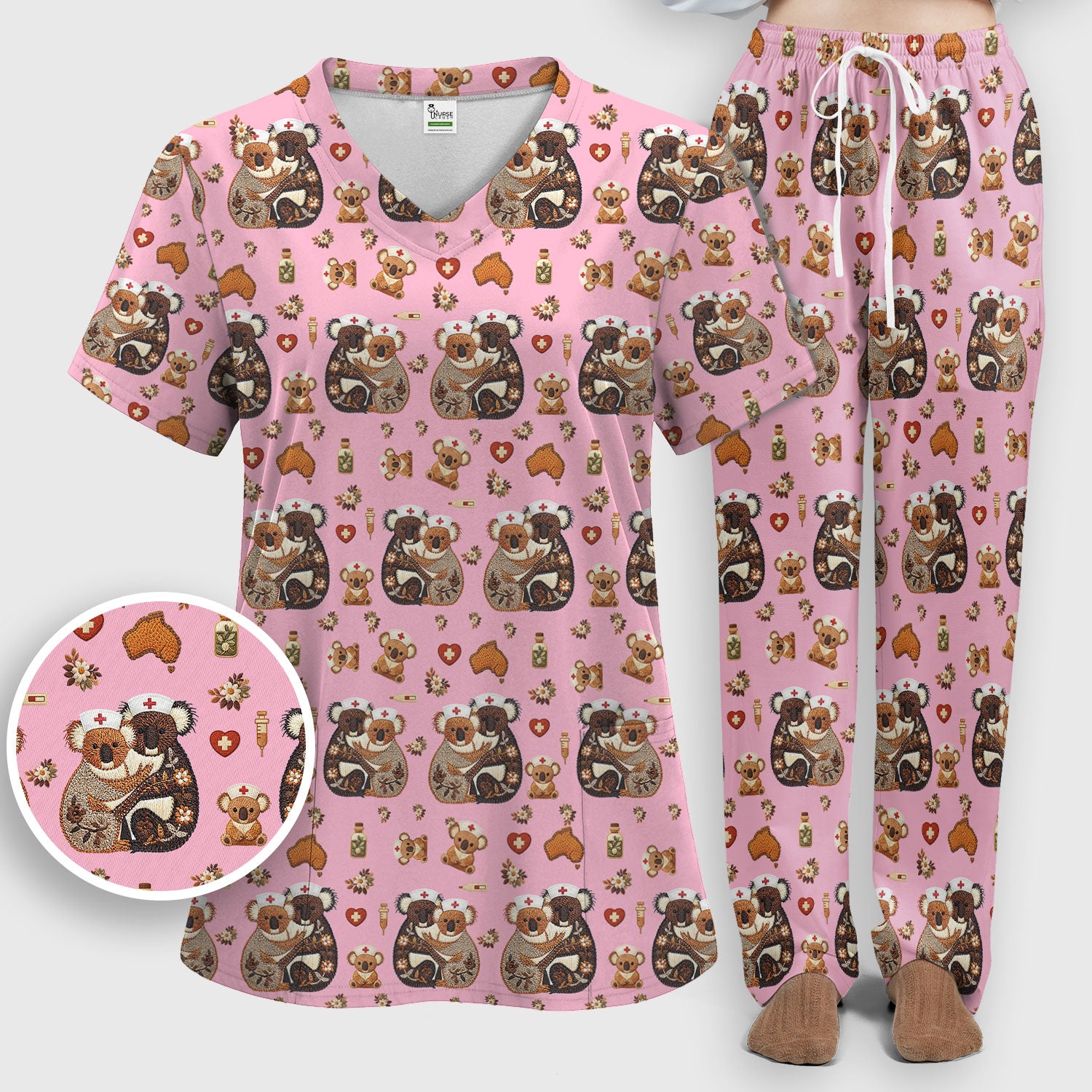 Cute Cartoon Koala Valentine Nurse Design Scrub Set, Breathable Med Uniform