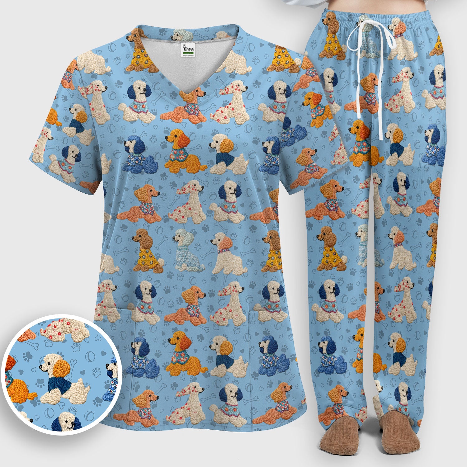 Cute Colorful Poodle Pattern Scrub Set, Scrub Pants and V Neck Top