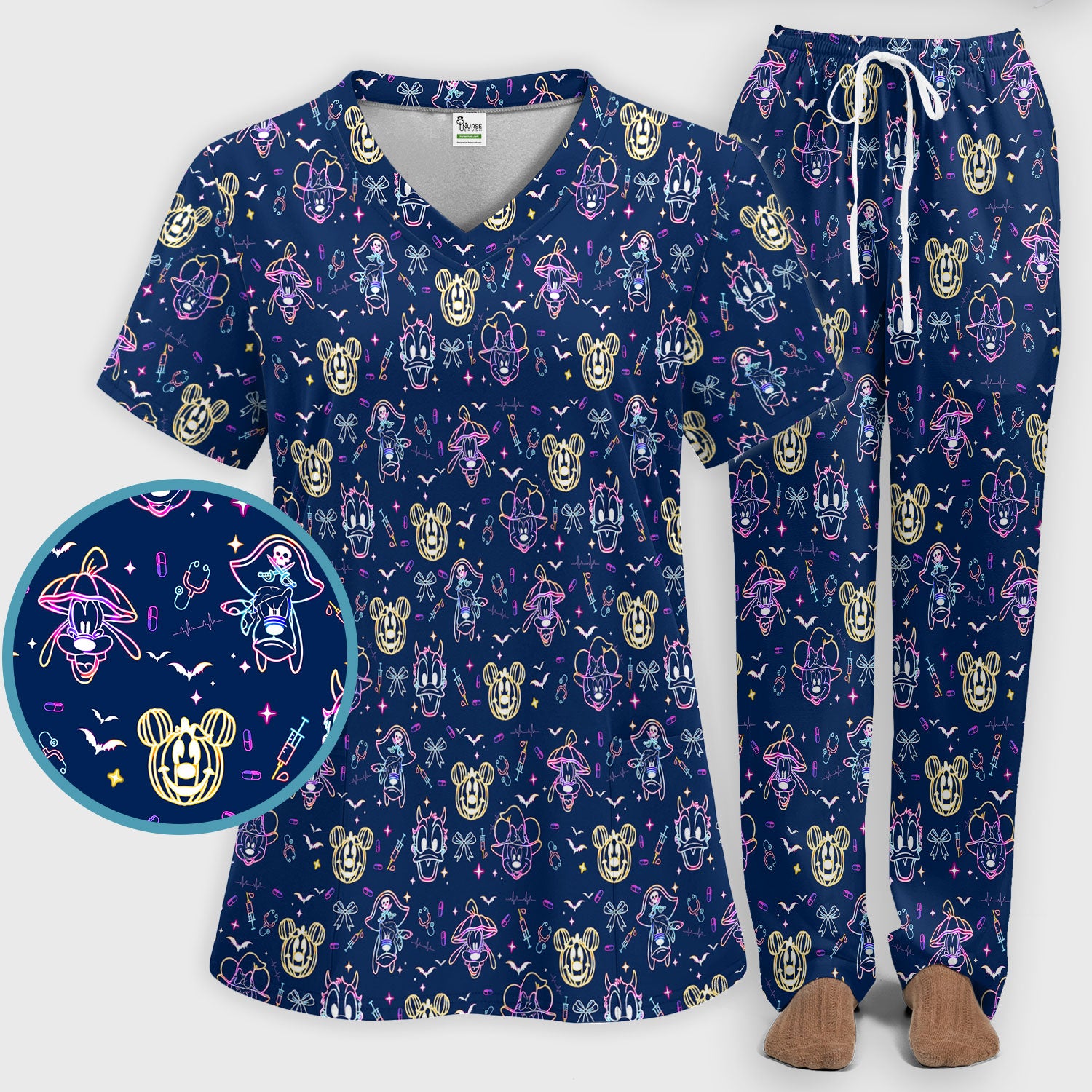Neon Mouse Halloween Scrub Set for Nurses - Spooky Faces and Scary Pumpkin Scrub Pants and V Neck Shirt - Funny Med Uniform