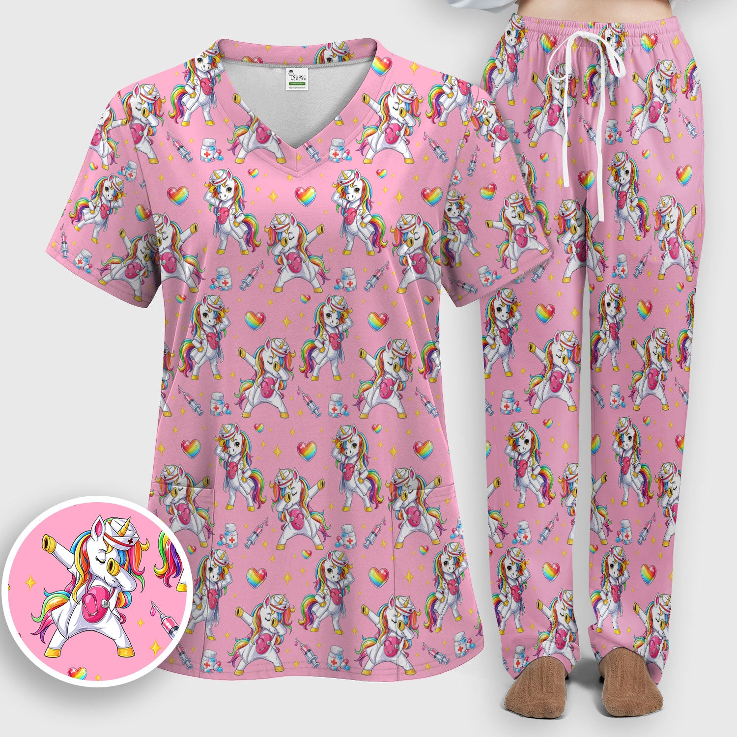Playful Nurse Unicorn Rainbow Pattern Scrub Set, Breathable Med Uniform