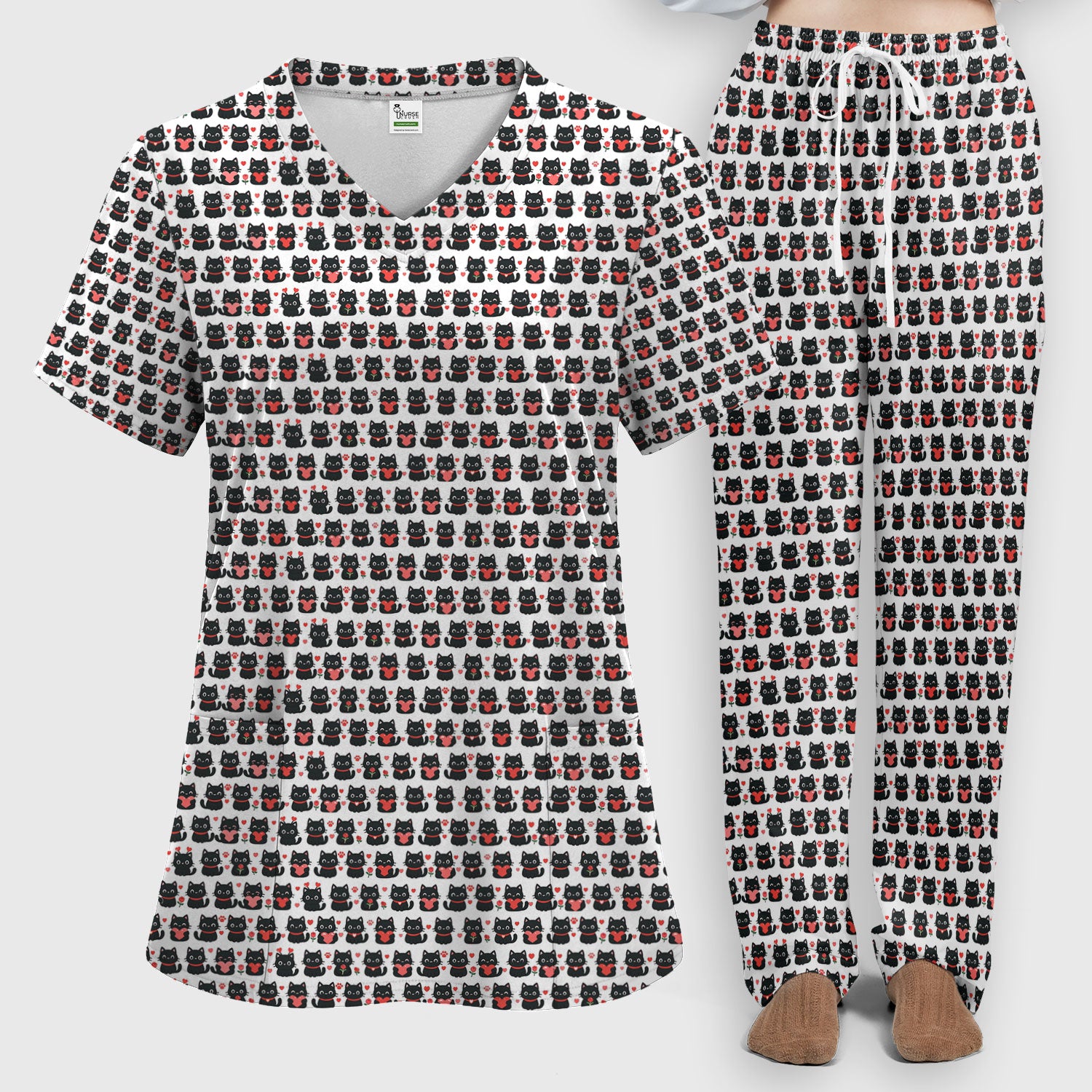 Black Cat Valentine Nurse Scrub Set, Cute Heart Pattern Medical Shirt, Breathable Fabrics Nursing Uniform