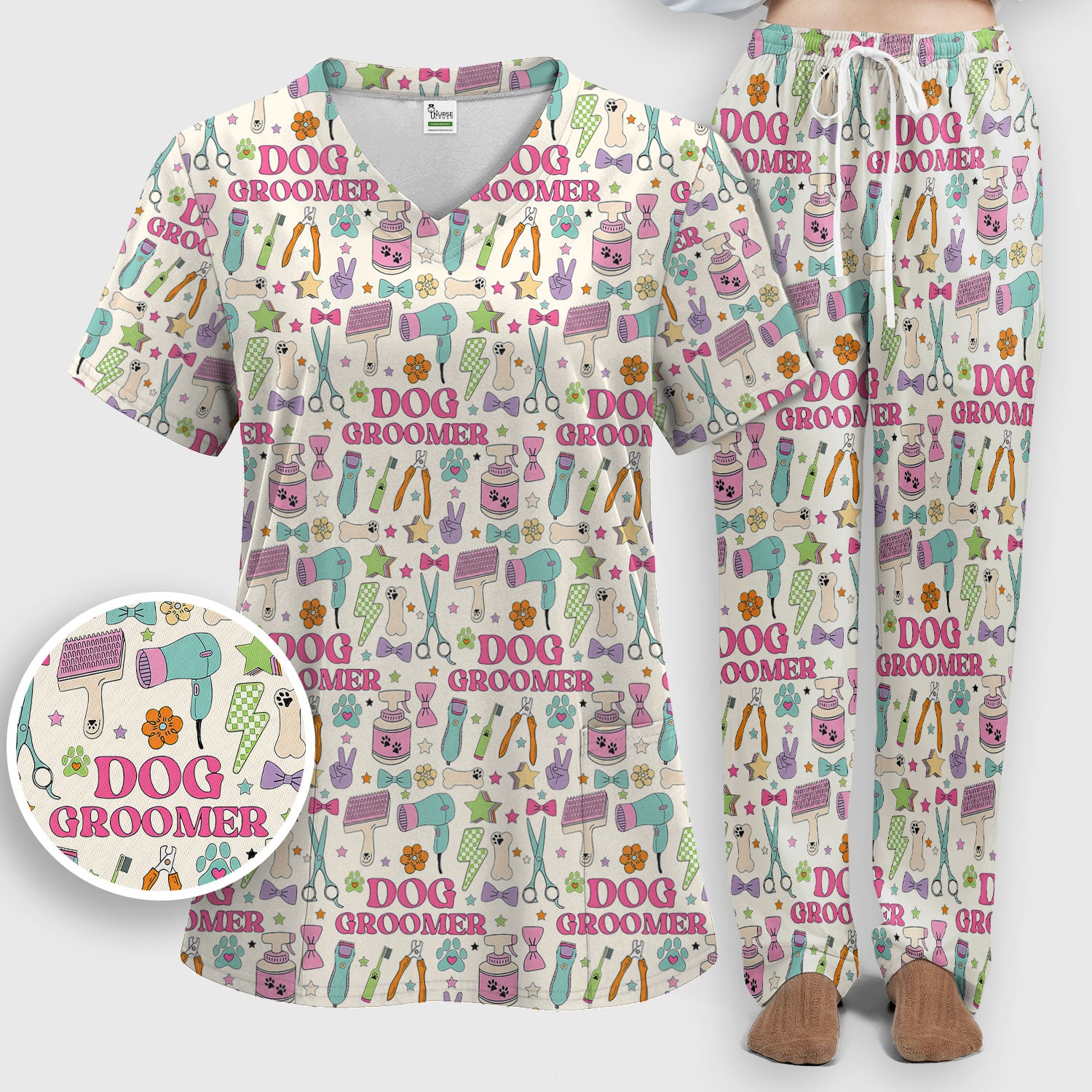Dog Groomer Tools Pattern Women's Scrub Set, Scrub Pants and V Neck Top