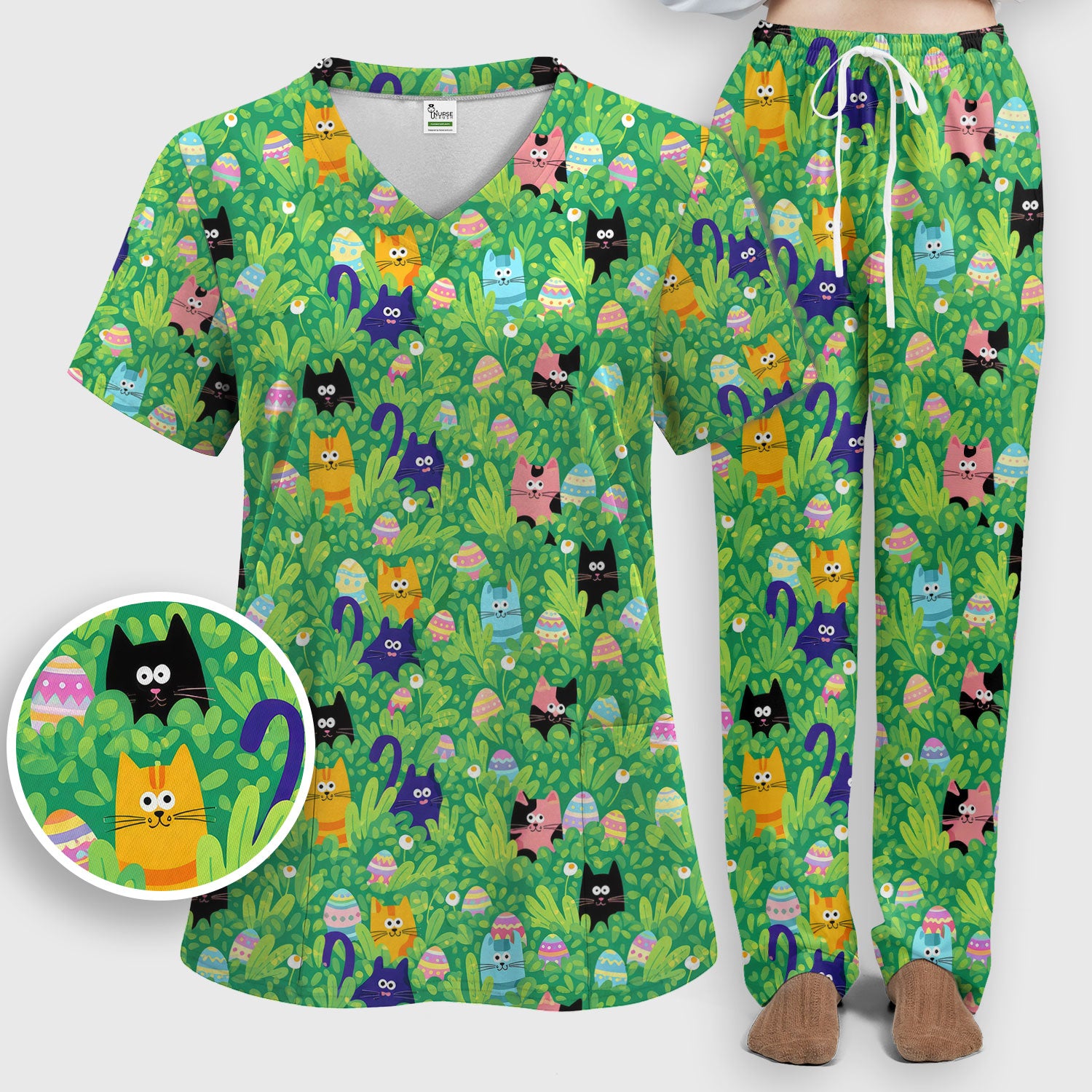 Colorful Easter Cats Green Leaves Print Scrub Sets, Scrub Pants and V Neck Top