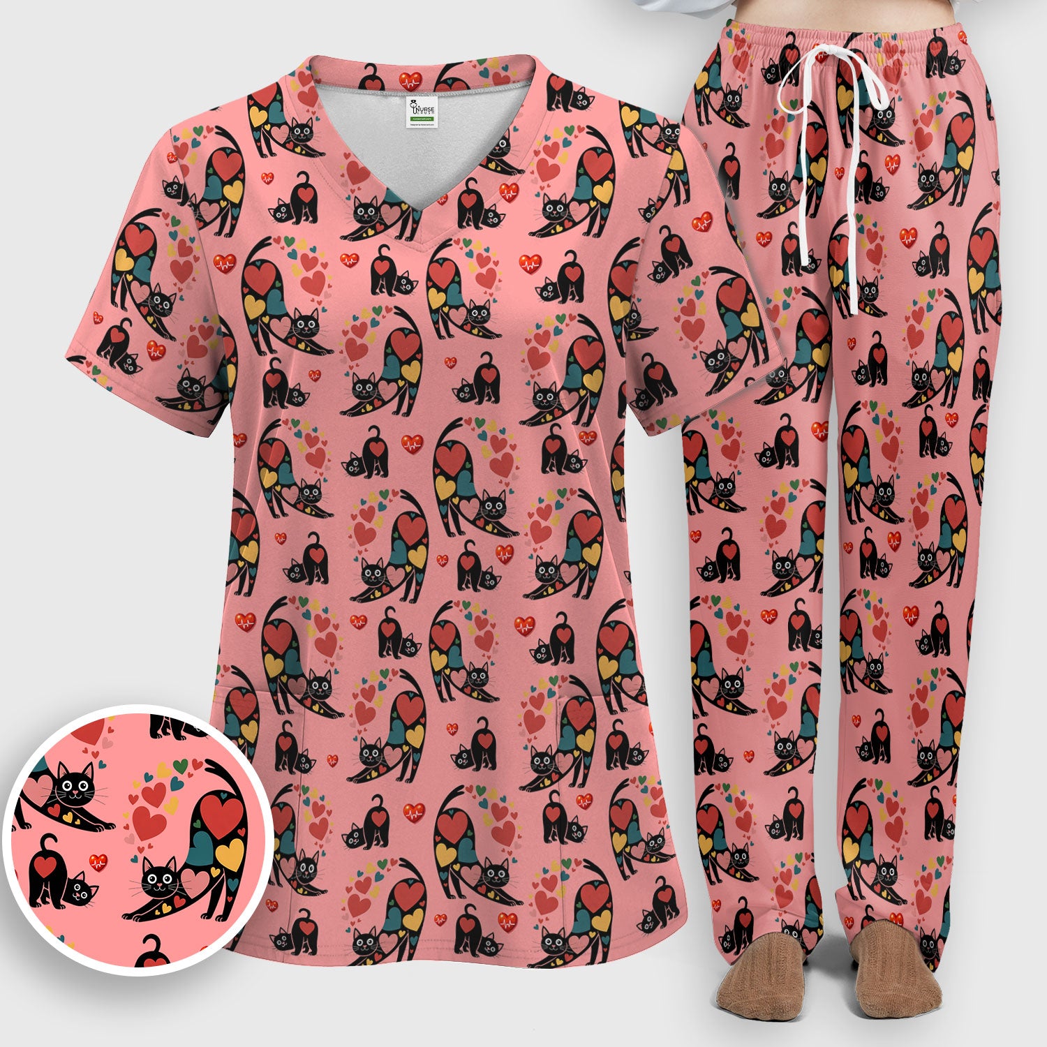 Playful Cat Valentine Heart Print Medical Scrub Set, Breathable Med Uniform