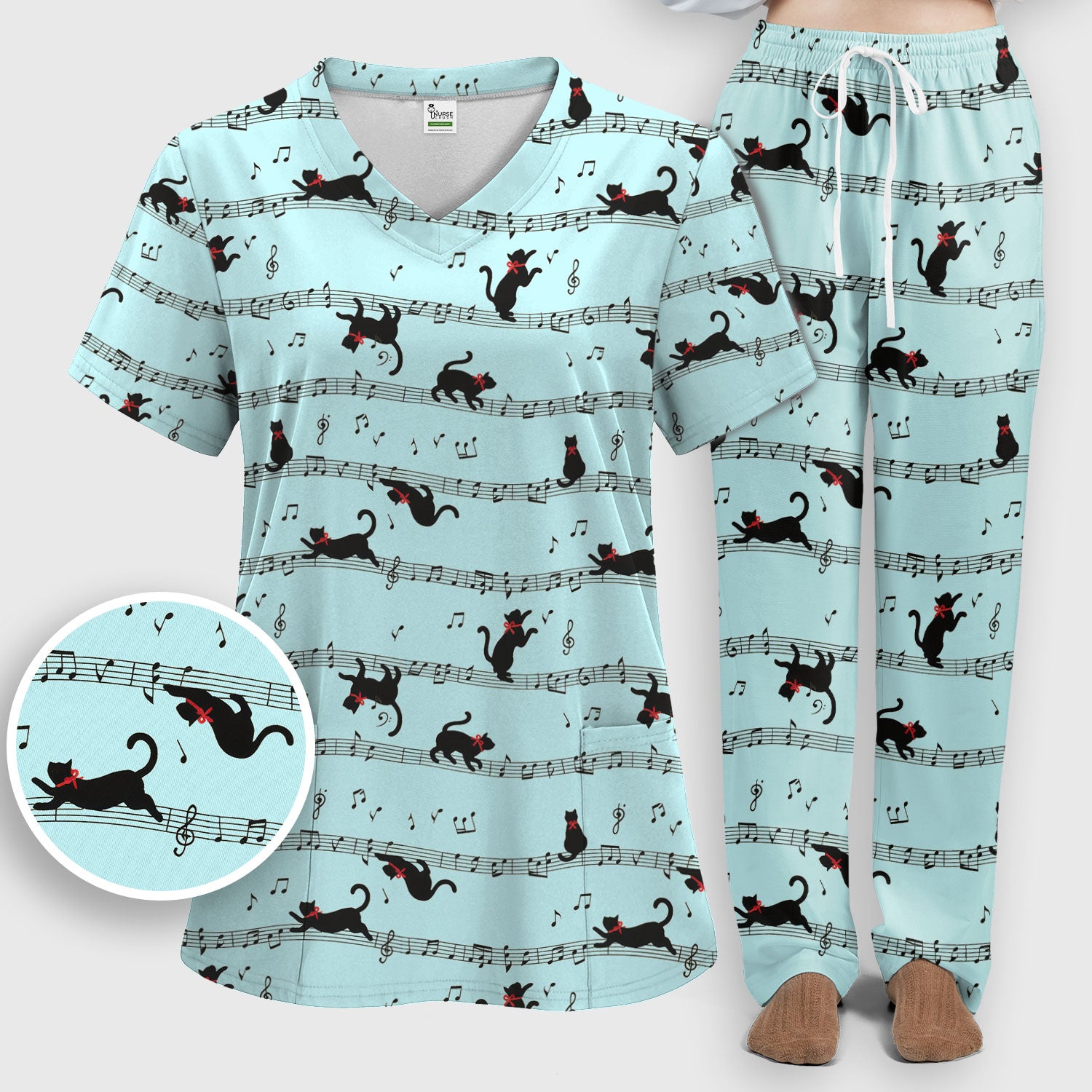 Cute Dancing Black Cat Music Staff Pattern Scrub Set, Scrub Pants and V Neck Top