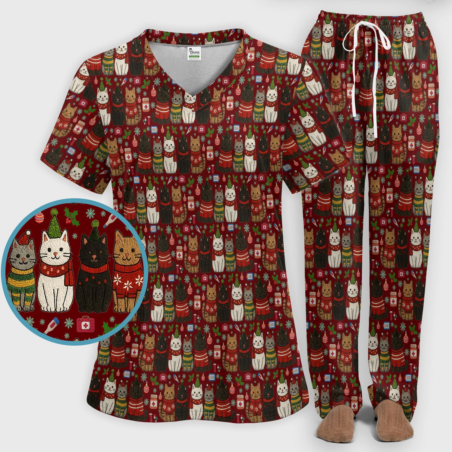 Christmas Cat Scrub Set, Festive Holiday Scrubs With Top And Pants, Cute Cat Lover Medical Uniform For Nurses And Doctors