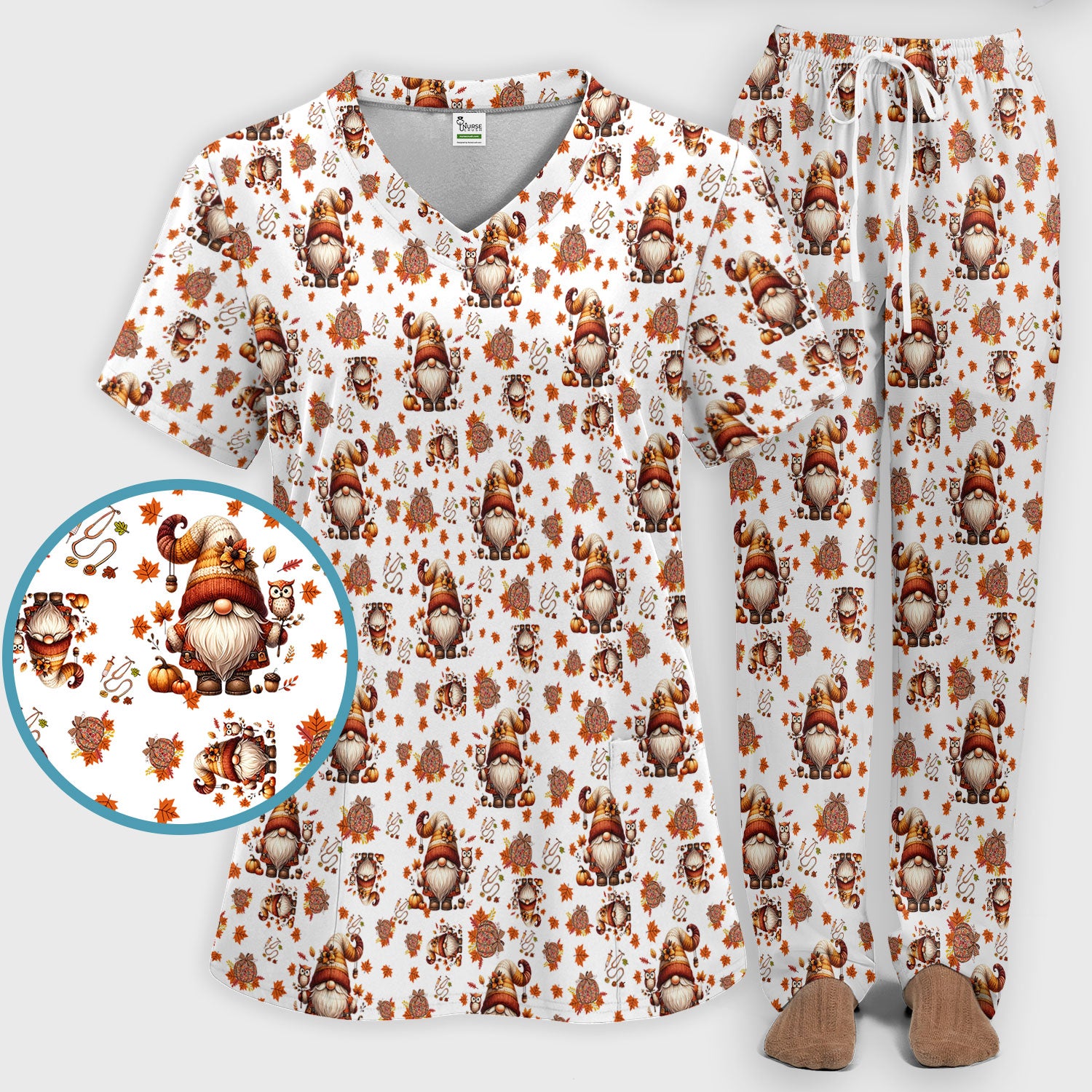 Fall Gnome Women's Scrub Sets - Autumn Leaves Pumpkin Scrub Pants and V Neck Top - Thanksgiving Nursing Uniform