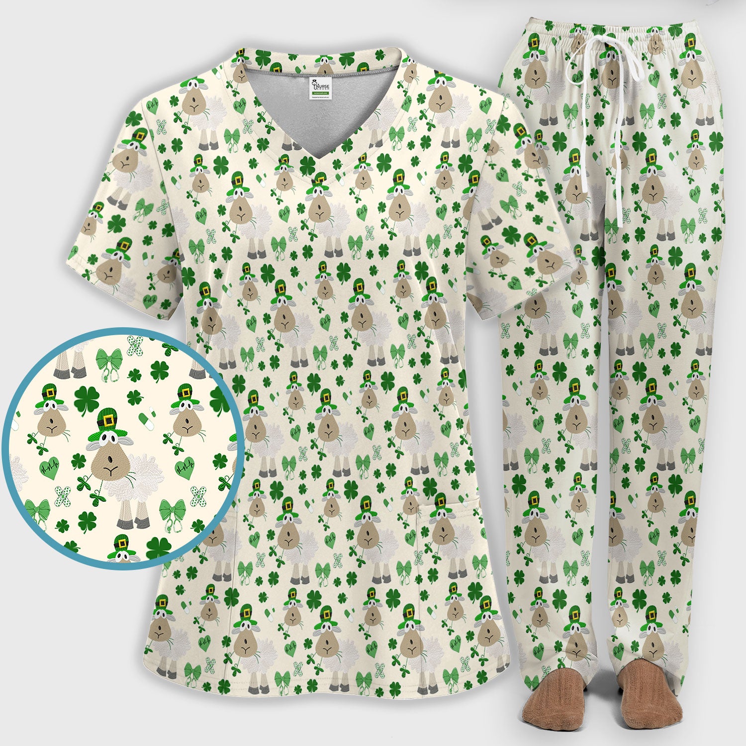 Nurse St. Patrick Scrubs Set, Cute Sheep Shamrock Pattern Nurse Shirt, Breathable Fabrics Nursing Uniform