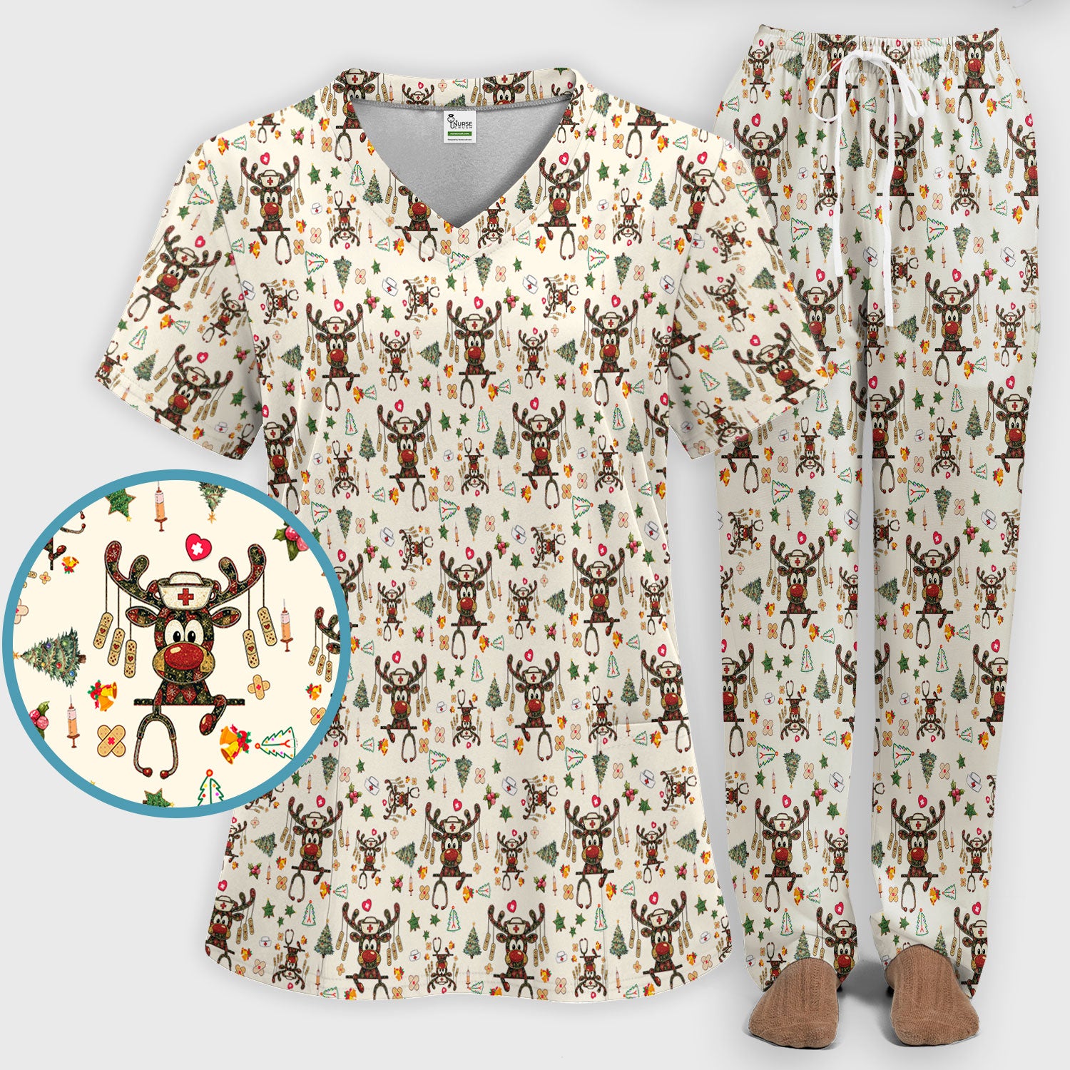 Reindeer Christmas Nurse Scrub Set - Funny Holiday Scrubs Pants and V Neck Top - Cute Medical Uniform for Women