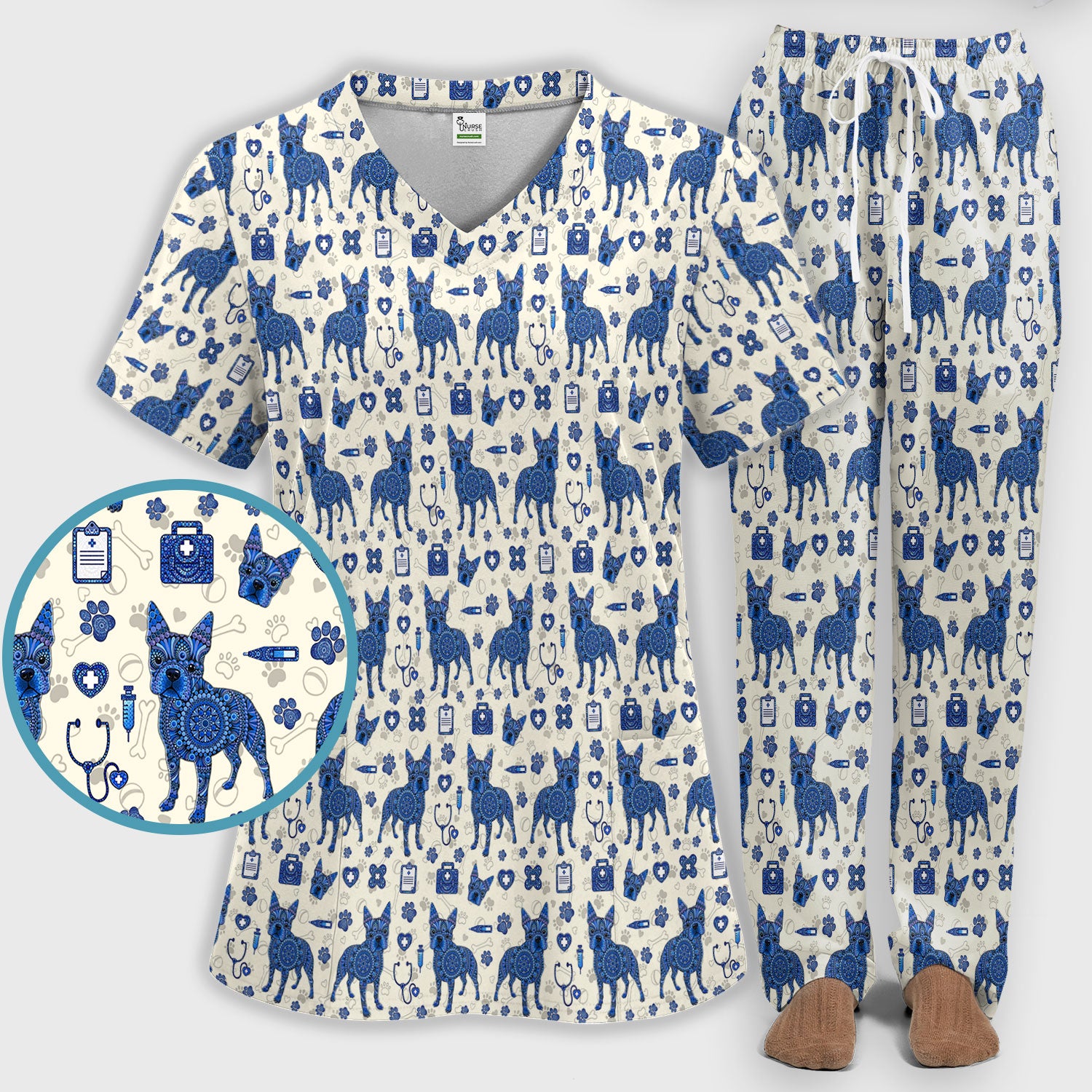 Blue Heeler Australian Cattle Dog Scrub Set, Australia Dot Art Pattern Shirt, Breathable Fabrics Nursing Uniform