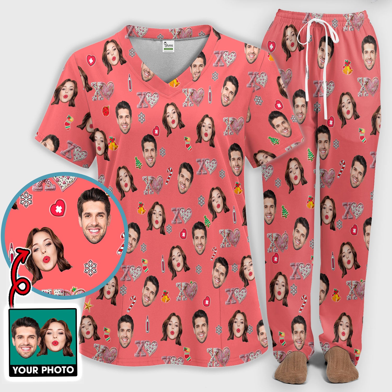 Custom Face Pattern XOXO Scrub Shirt, Personalized Photo Scrub Set, Breathable Fabrics Nursing Uniform