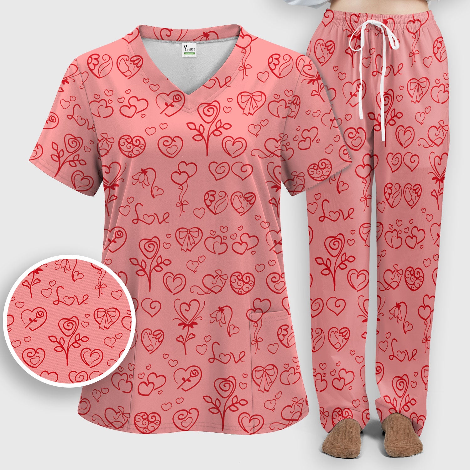 Cute Valentine Heart Scrub Set, Artistic Heart Pink Love Line Art Pattern Nurse Shirt, Comfortable Scrubs For Nursing
