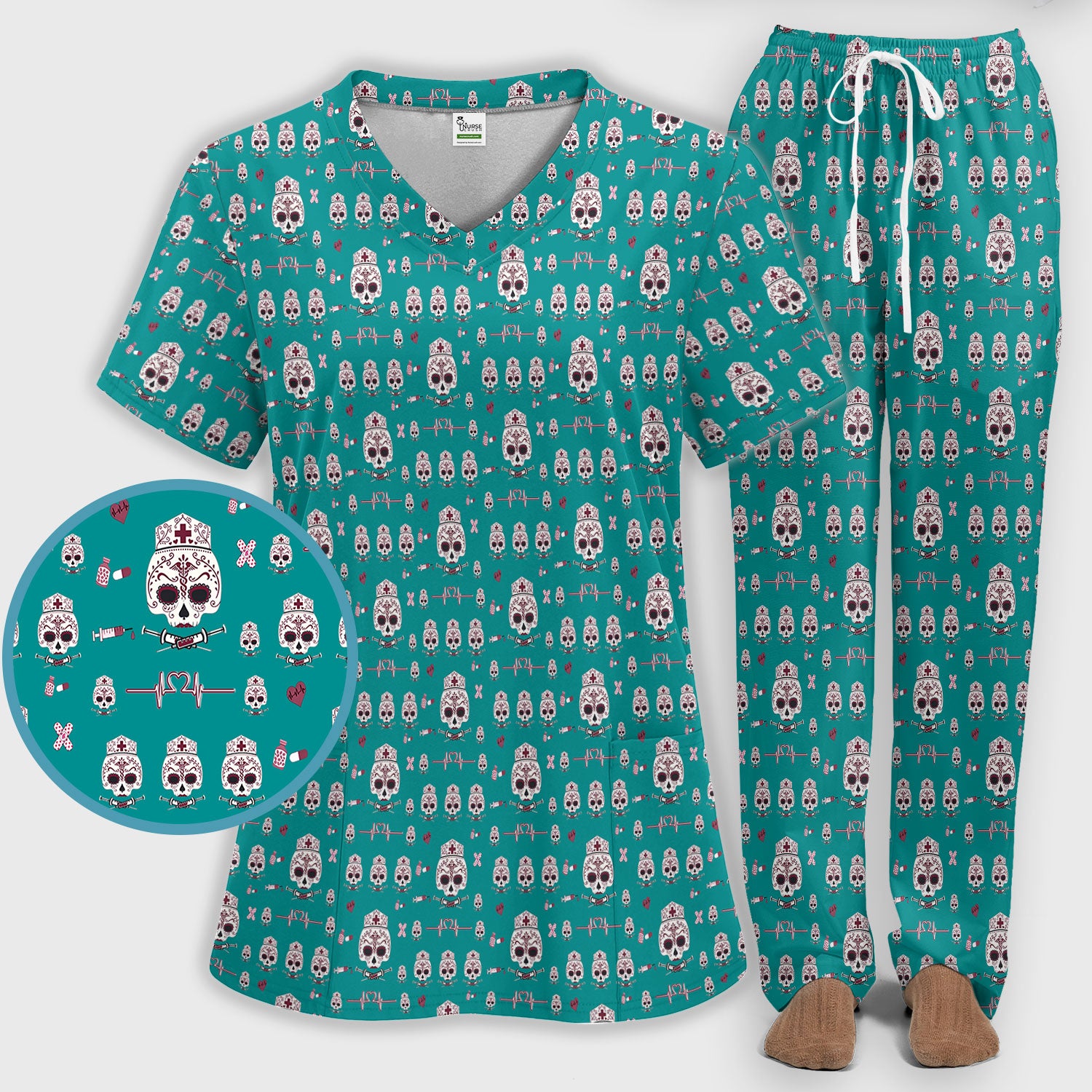 Sugar Skull Scrub Set, Skull Pattern Scrub Shirt, Breathable Fabrics Nursing Uniform