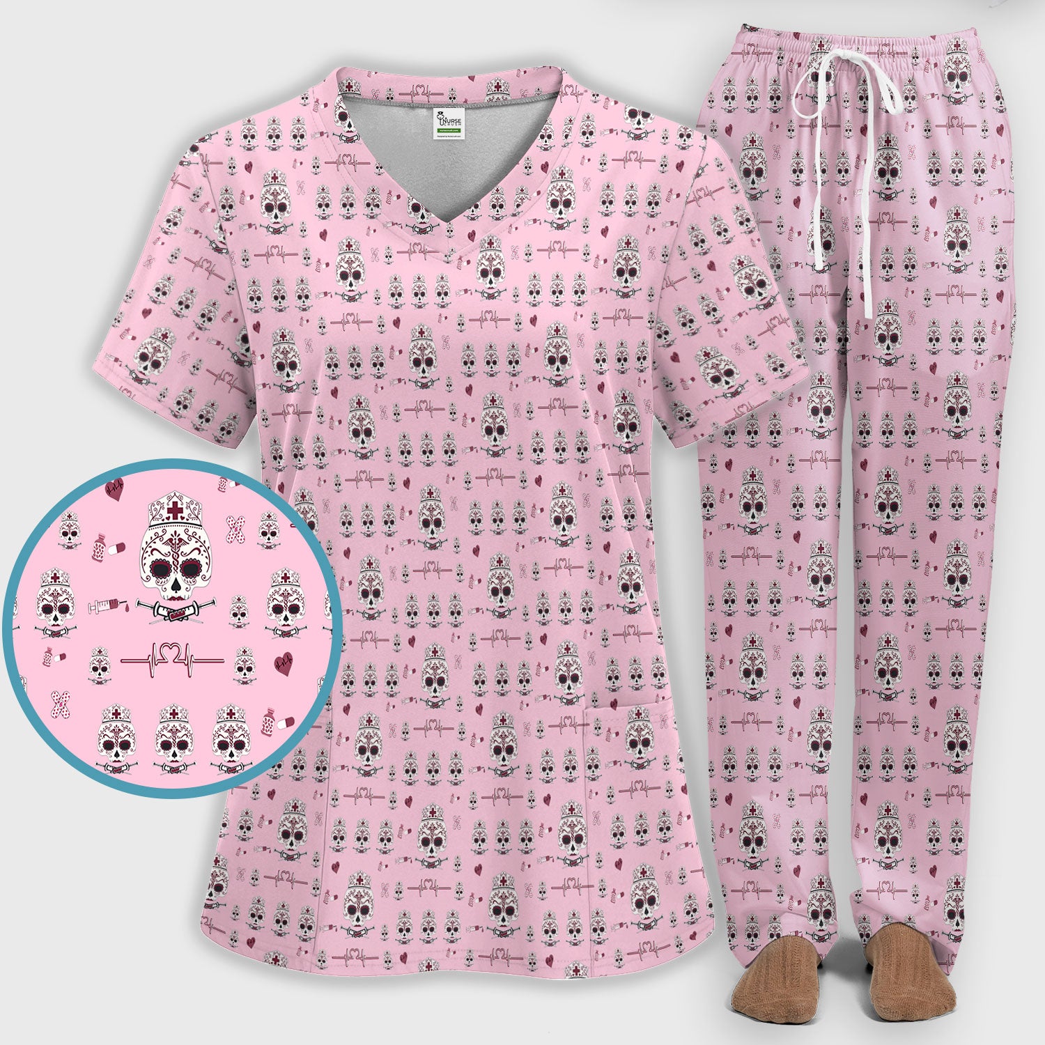 Sugar Skull Scrub Set, Skull Pattern Scrub Shirt, Breathable Fabrics Nursing Uniform