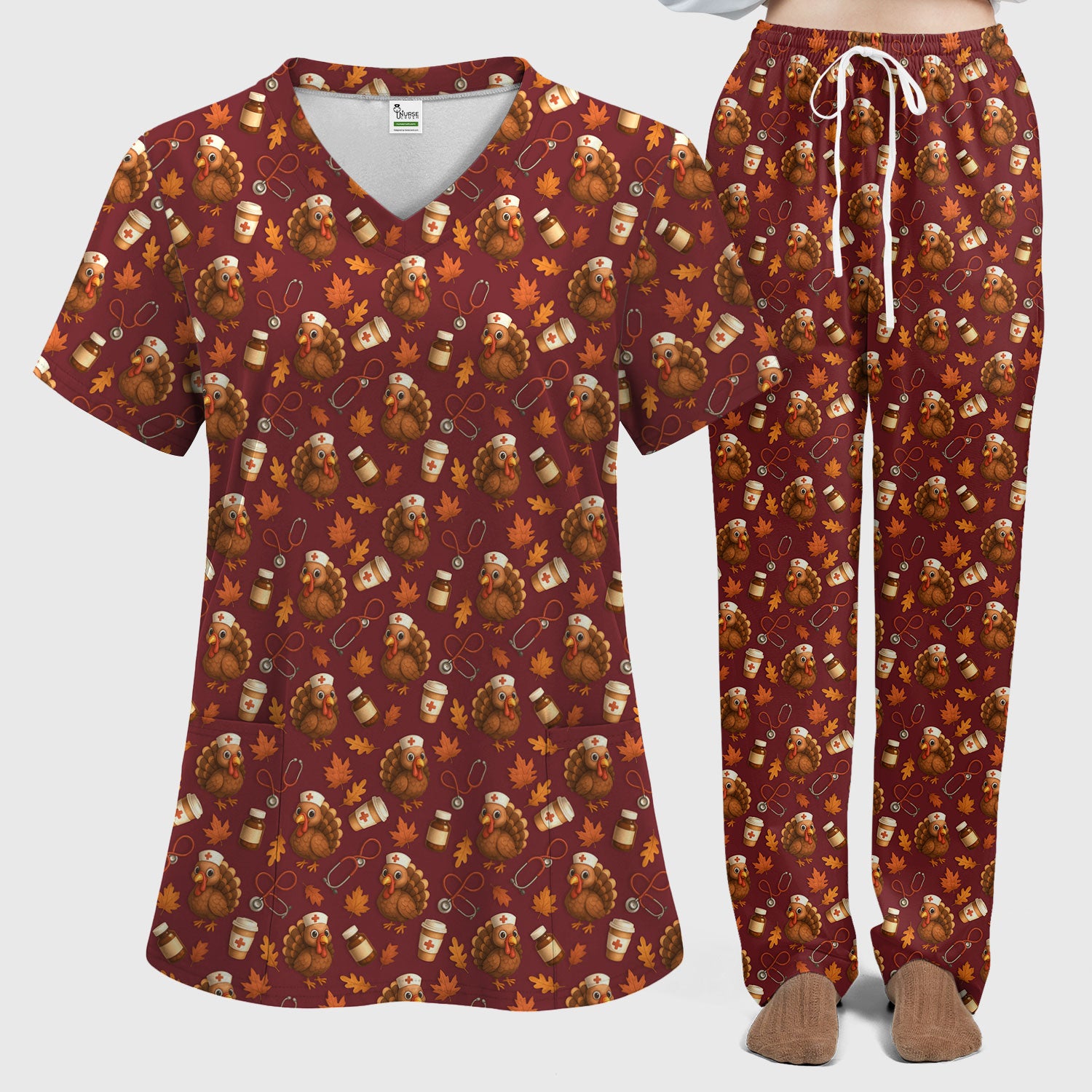 Turkey Pattern Thanksgiving Scrub Set - Fall Leaves and Nurse Tools Print Scrubs - Fun Autumn Medical Pants and Top Gift for RN CNA LPN