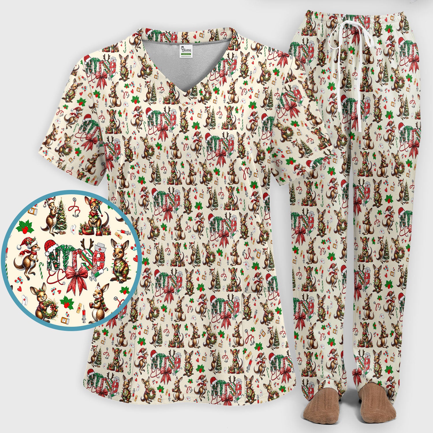 Whimsical Kangaroo Christmas Scrub Set – Festive Australian Animals Holiday Pattern – Cute Medical Uniform for Nurses, Vets & Healthcare Workers