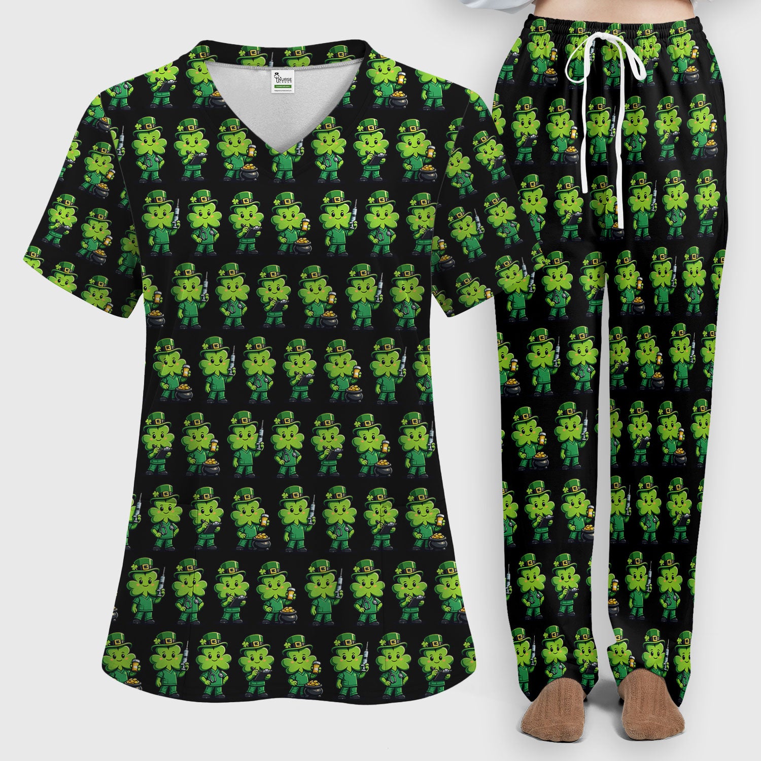 St Patrick Leprechaun Nurse Print Women's Scrub Set, Scrub Pants and V Neck Top