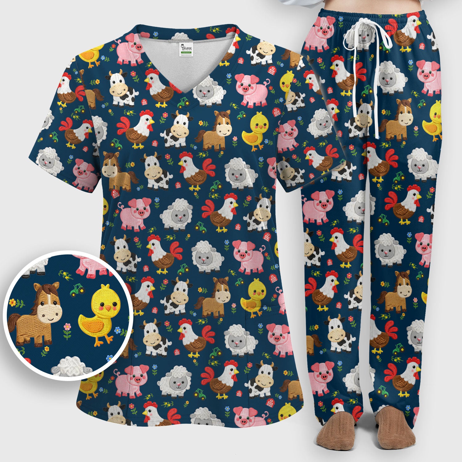 Cartoon Farm Animal Pattern Scrub Set, Breathable Med Uniform