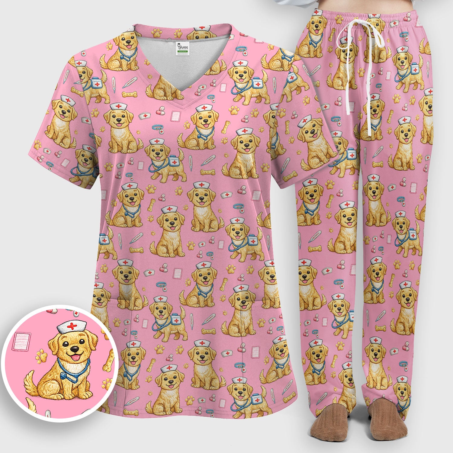 Cute Puppy Nurse Medical Print Women’s Scrub Set, Scrub Pants and V Neck Top