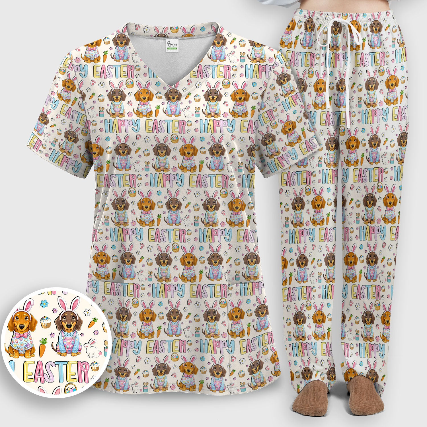 Happy Easter Dachshund Puppy Pattern Scrub Set, Breathable Med Uniform