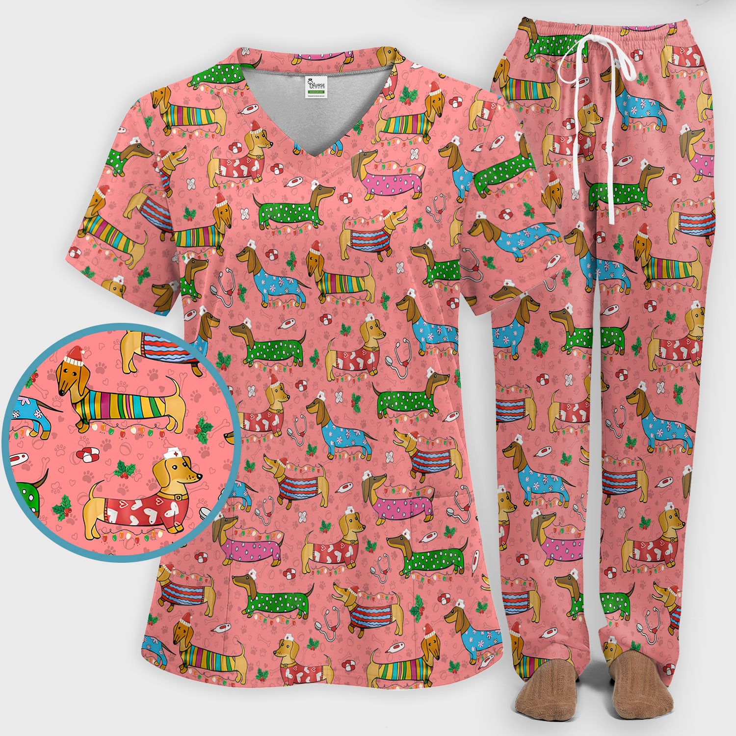 Christmas Scrub Set for Women - Funny Dachshund Scrubs Pants and V Neck Top - Cute Holiday Medical Uniform Gift for RN LPN CNA