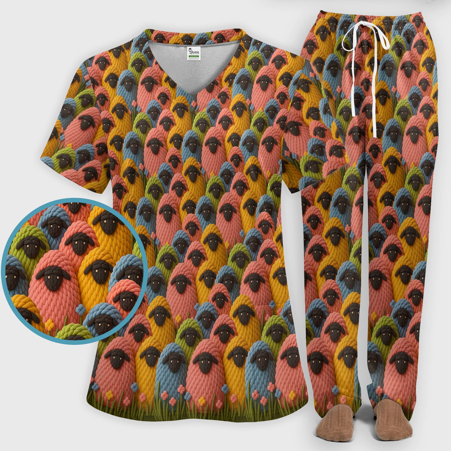 Cute Sheep Women's Scrub Sets - Black Sheep Comfortable Scrubs for Nurses - Breathable Med Uniform - Christmas Gift for Her