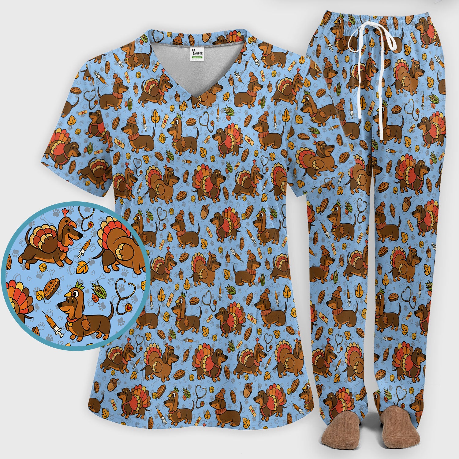 Thanksgiving Wiener Dog Scrub Set - Funny Dachshund Turkey Scrubs Pants and V Neck Top - Fall Winter Gift for Women