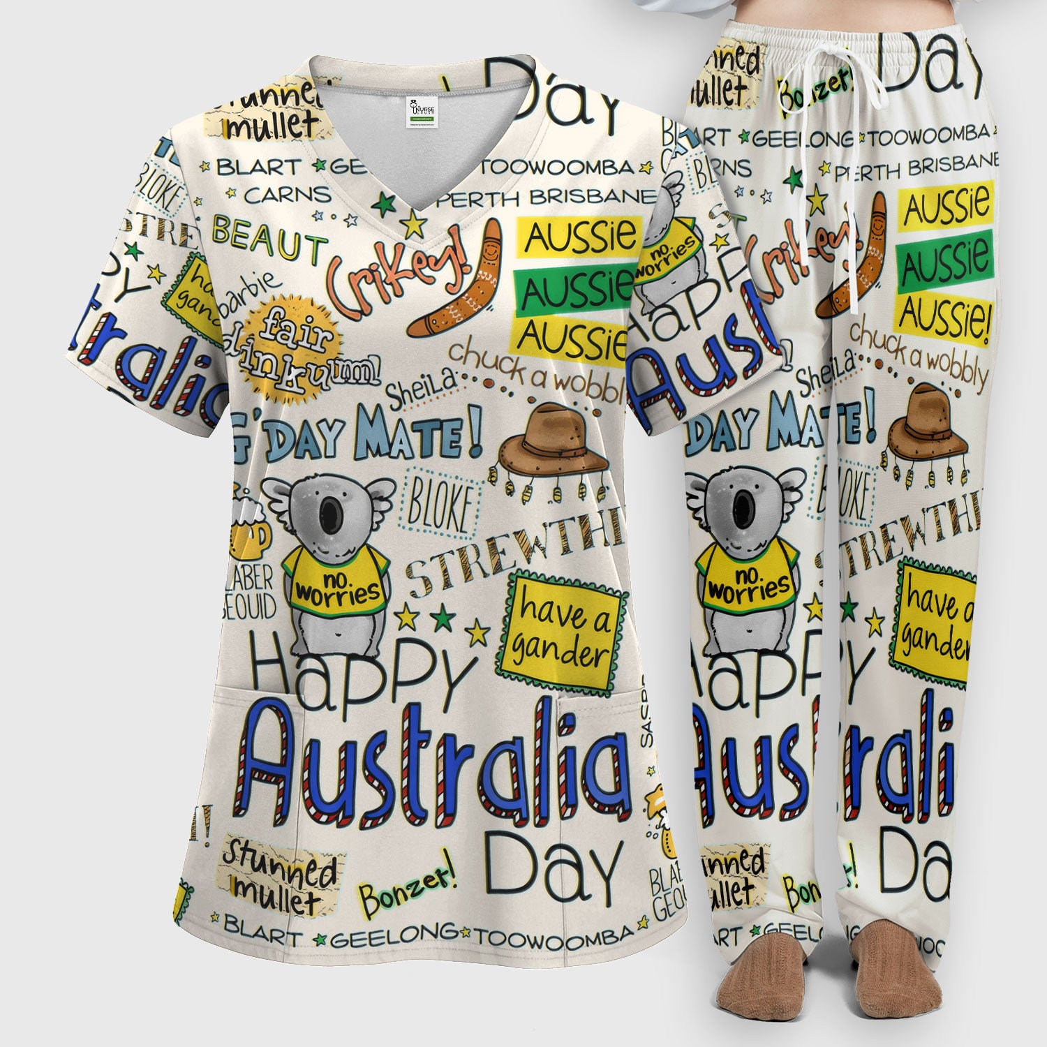 Cute Cartoon Koala Australia Pattern Medical Scrub Set, Breathable Med Uniform