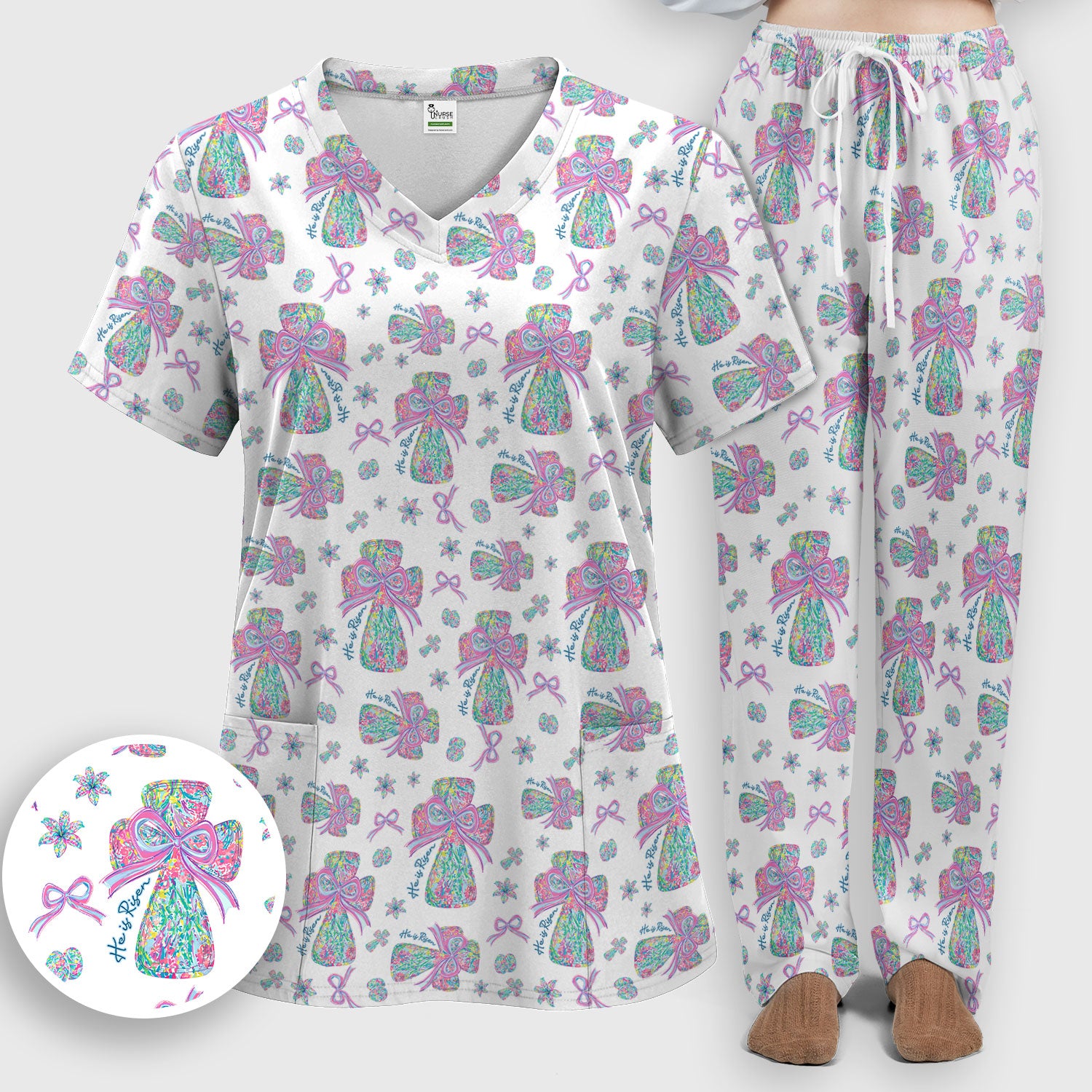 Colorful Bow Pattern Women's Scrub Sets, Breathable Med Uniform