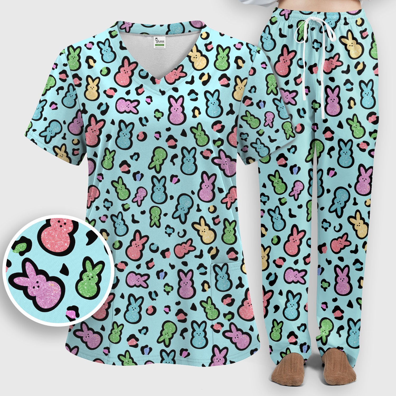 Cute Easter Bunny Pastel Pattern Scrub Set, Scrub Pants and V Neck Top