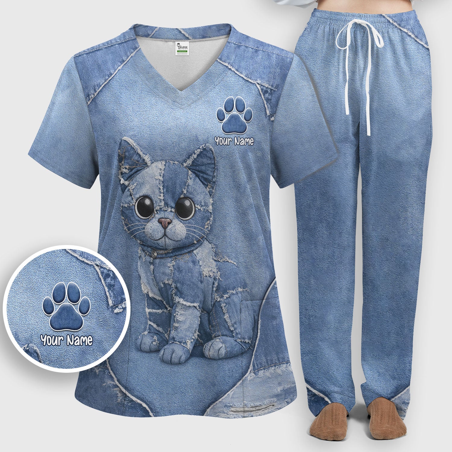 Personalized Patchwork Denim Cat Nurse Pattern Scrub Set, Scrub Pants and V Neck Top