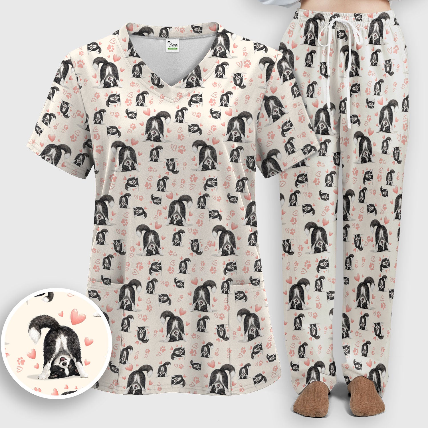 Cute Puppy Heart Medical Pattern Scrub Uniform, Women's Scrub Sets
