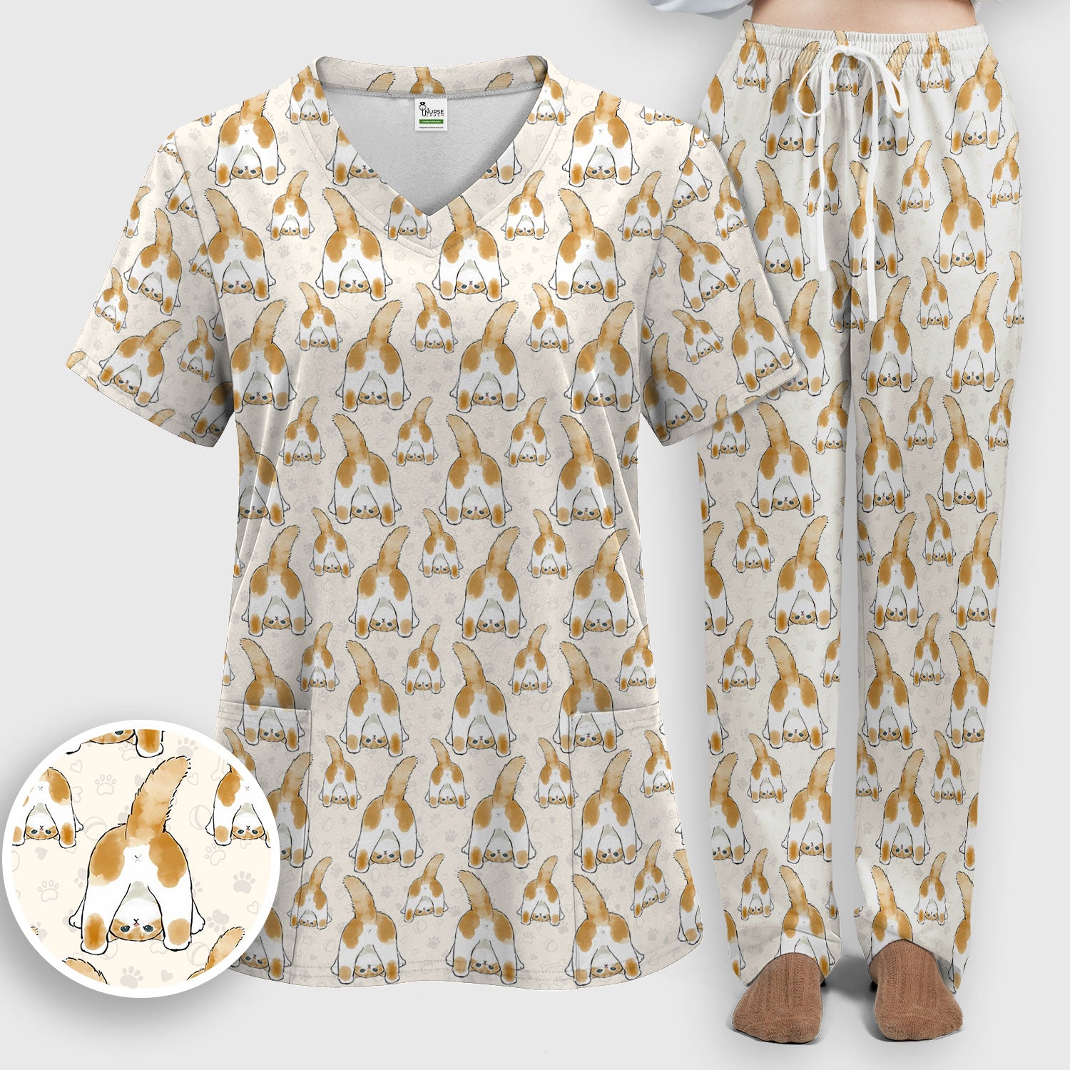 Cute Cat Butt Nurse Scrub Set, Cat Pattern Medical Shirt For Pet Lover, Breathable Fabrics Nursing Uniform
