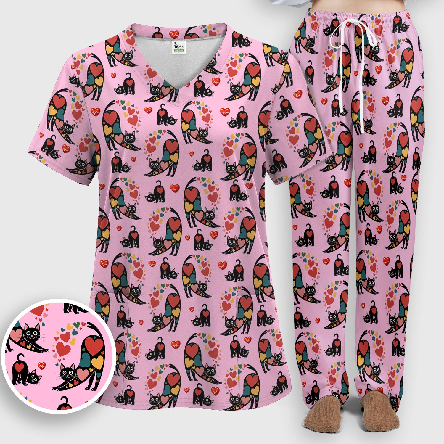Playful Cat Valentine Heart Print Medical Scrub Set, Breathable Med Uniform