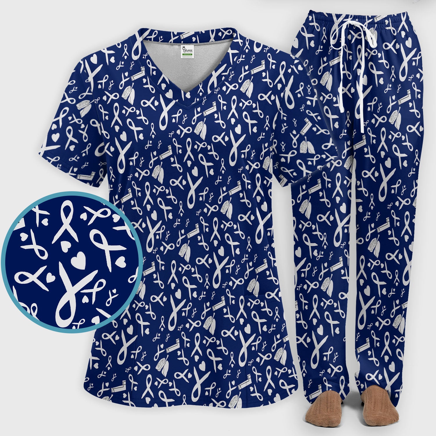 Lung Cancer Awareness Scrub Set for Women - Gray Ribbon Inhaler and Lungs Scrubs Pants and V Neck Top - COPD Asthma Med Uniform