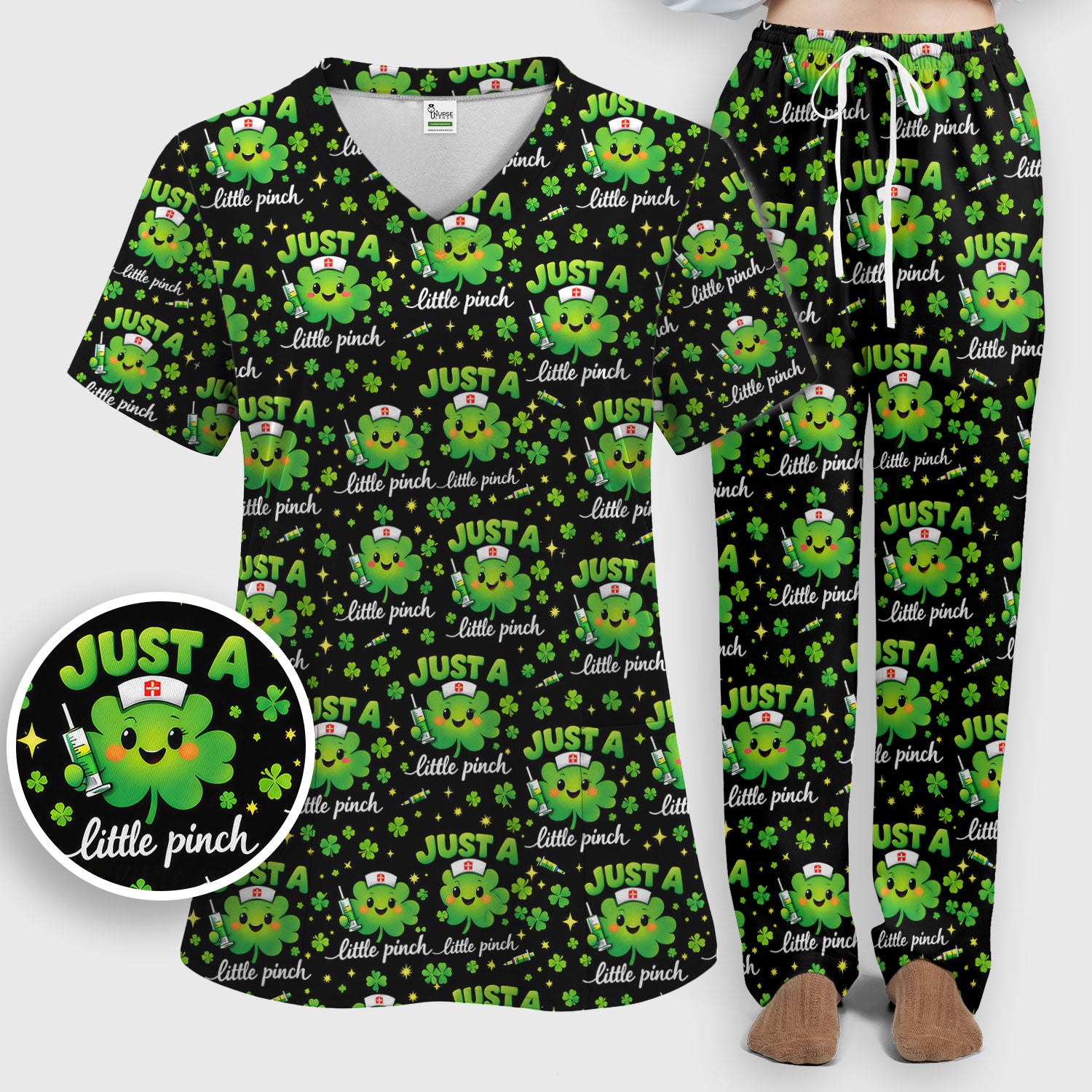 Shamrock Nurse Just A Little Pinch Print Scrub Set, Scrub Pants and V Neck Top