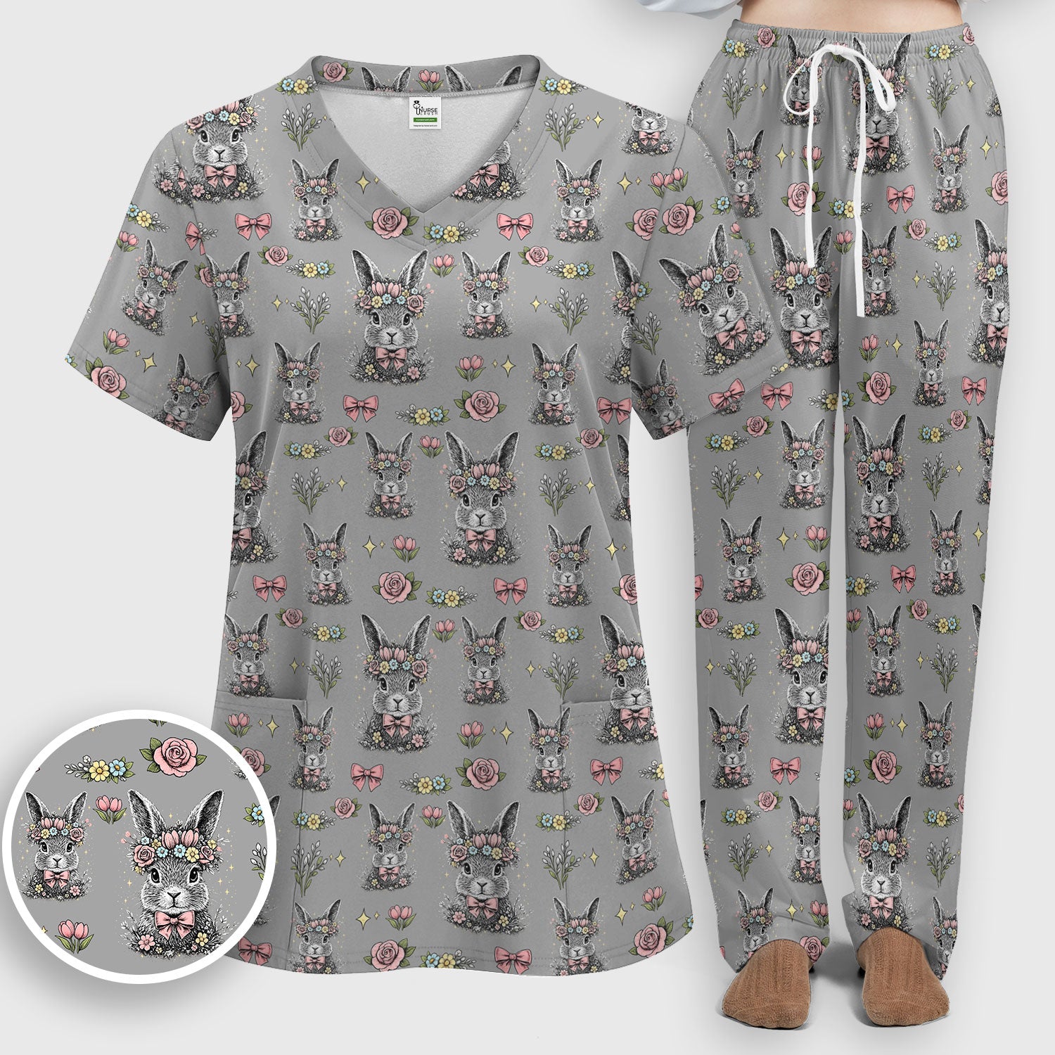 Vintage Floral Bunny Print Scrub Set, Scrub Pants and V Neck Top