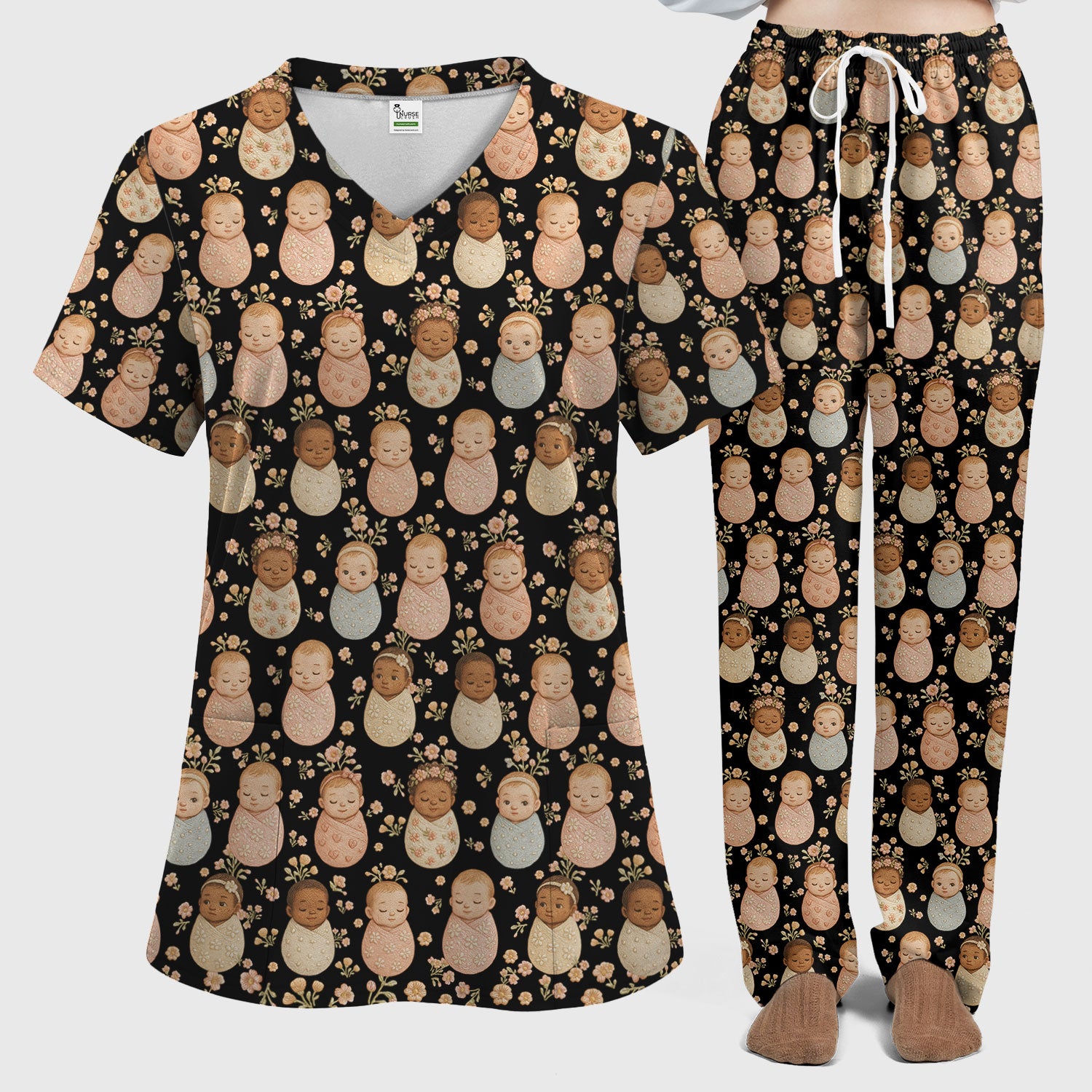 Sweet Newborn Baby Floral Print Women's Scrub Set, Breathable Med Uniform