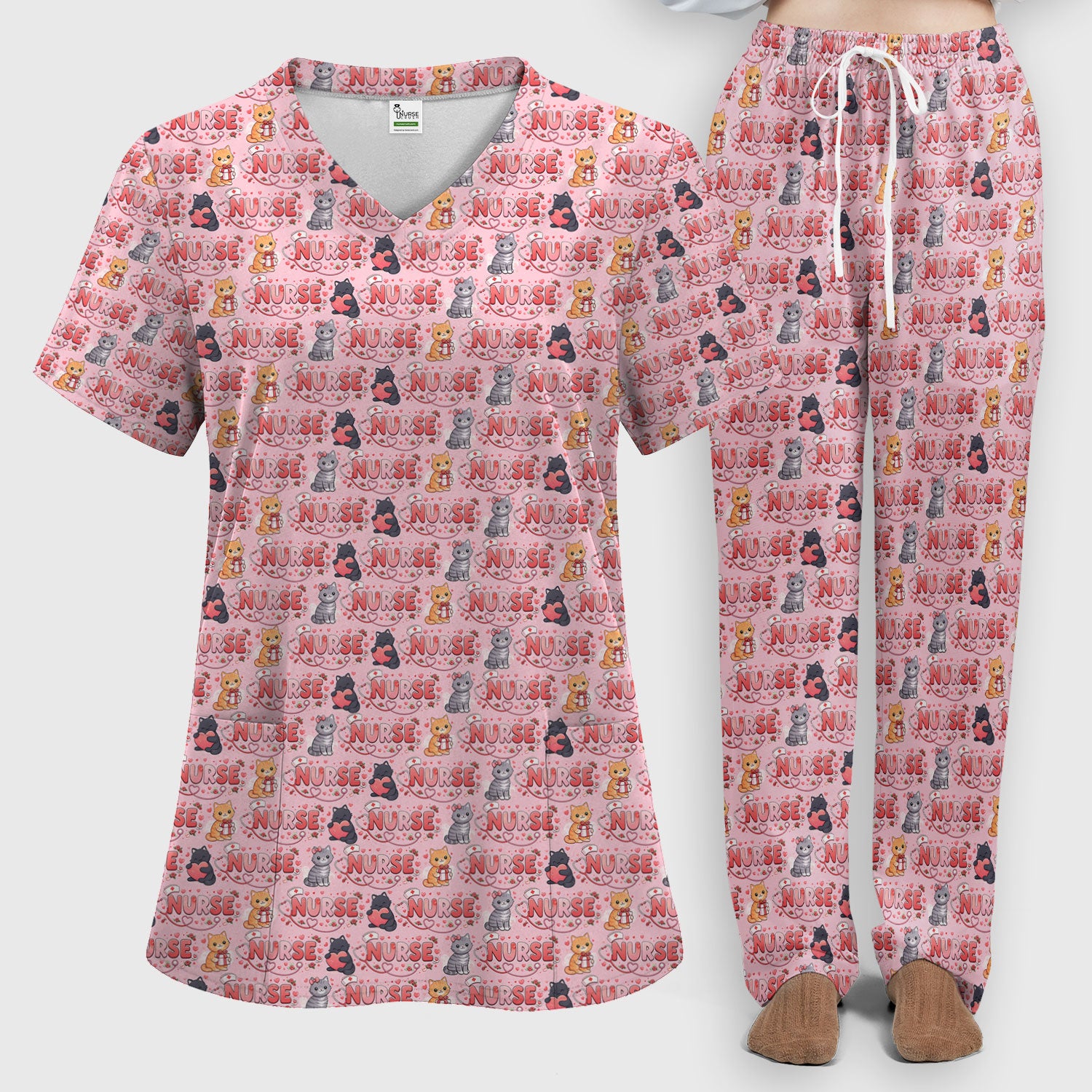 Nurse Cat Heart Pattern Valentine Scrub Set, Women's Scrub Sets V Neck Top
