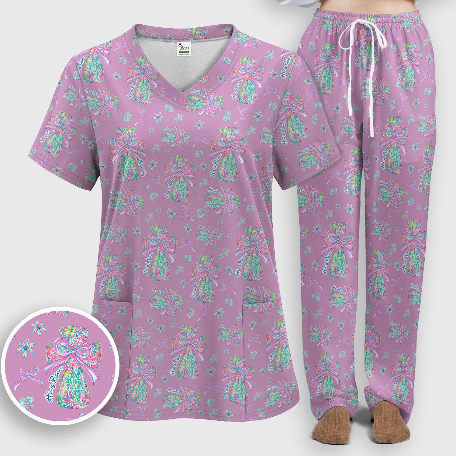 Colorful Bow Pattern Women's Scrub Sets, Breathable Med Uniform