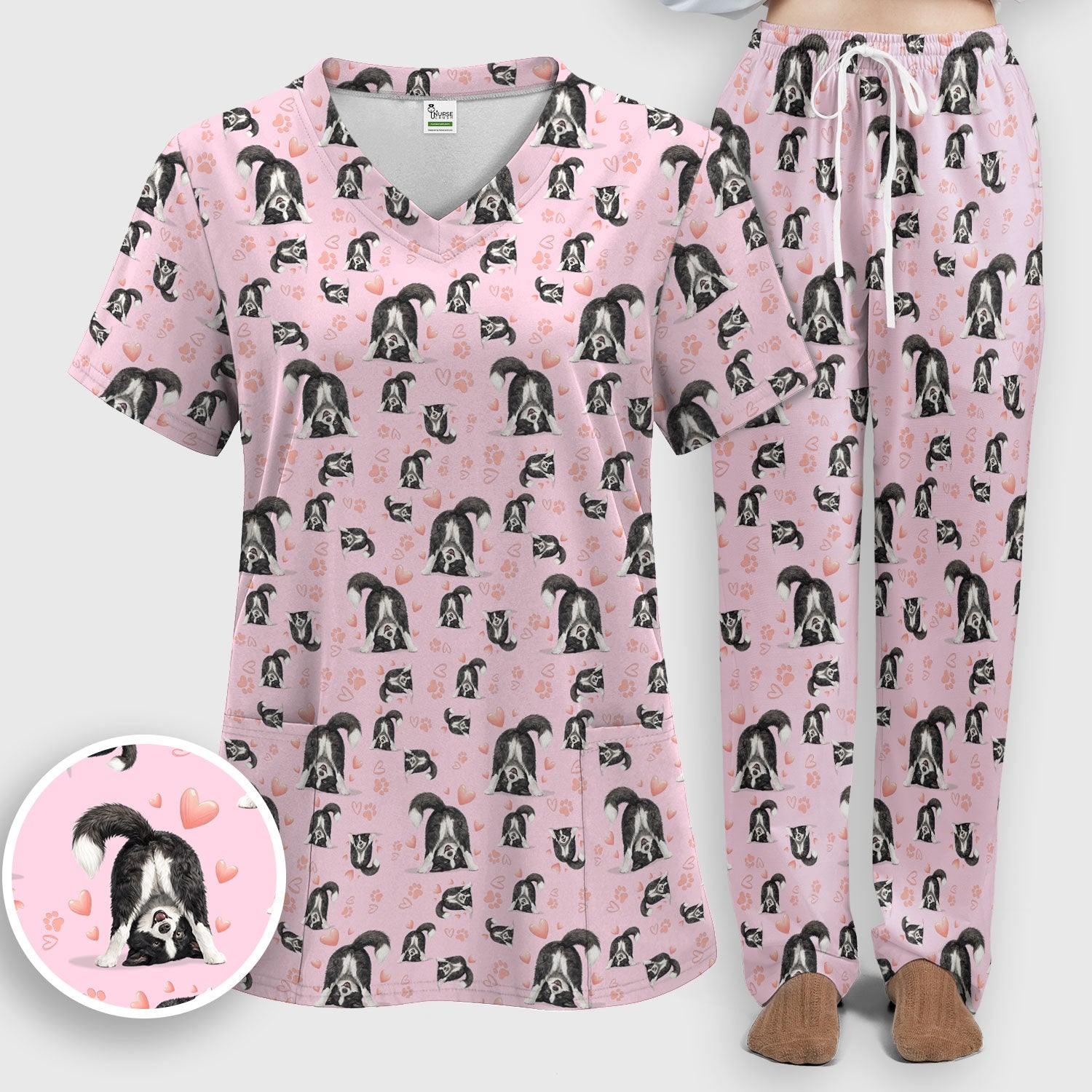 Cute Puppy Heart Medical Pattern Scrub Uniform, Women's Scrub Sets