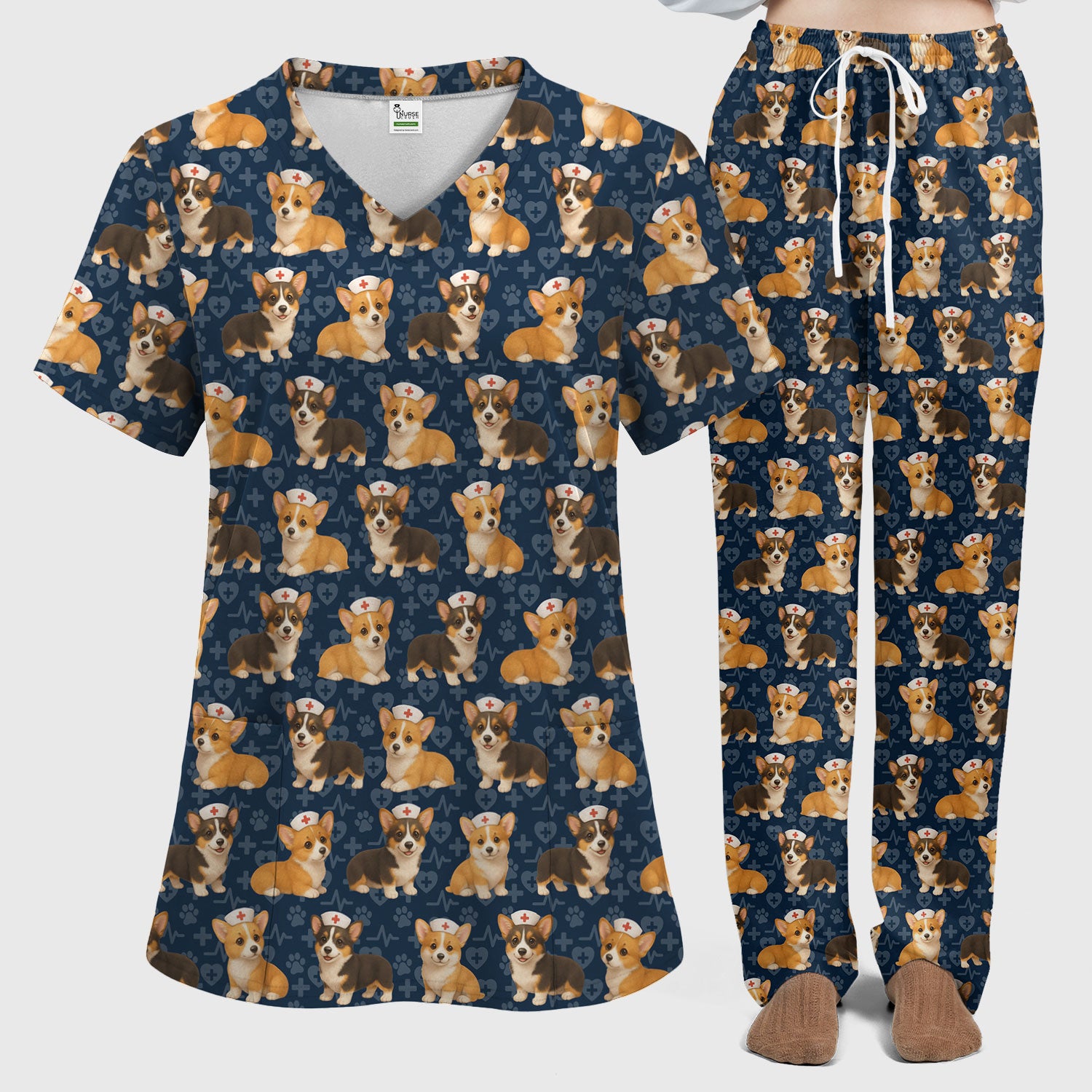 Christmas Corgi Scrubs Pattern for Women - Cute Dog Scrubs Top & Pants Set - Festive Nurse Holiday Print Medical Scrubs