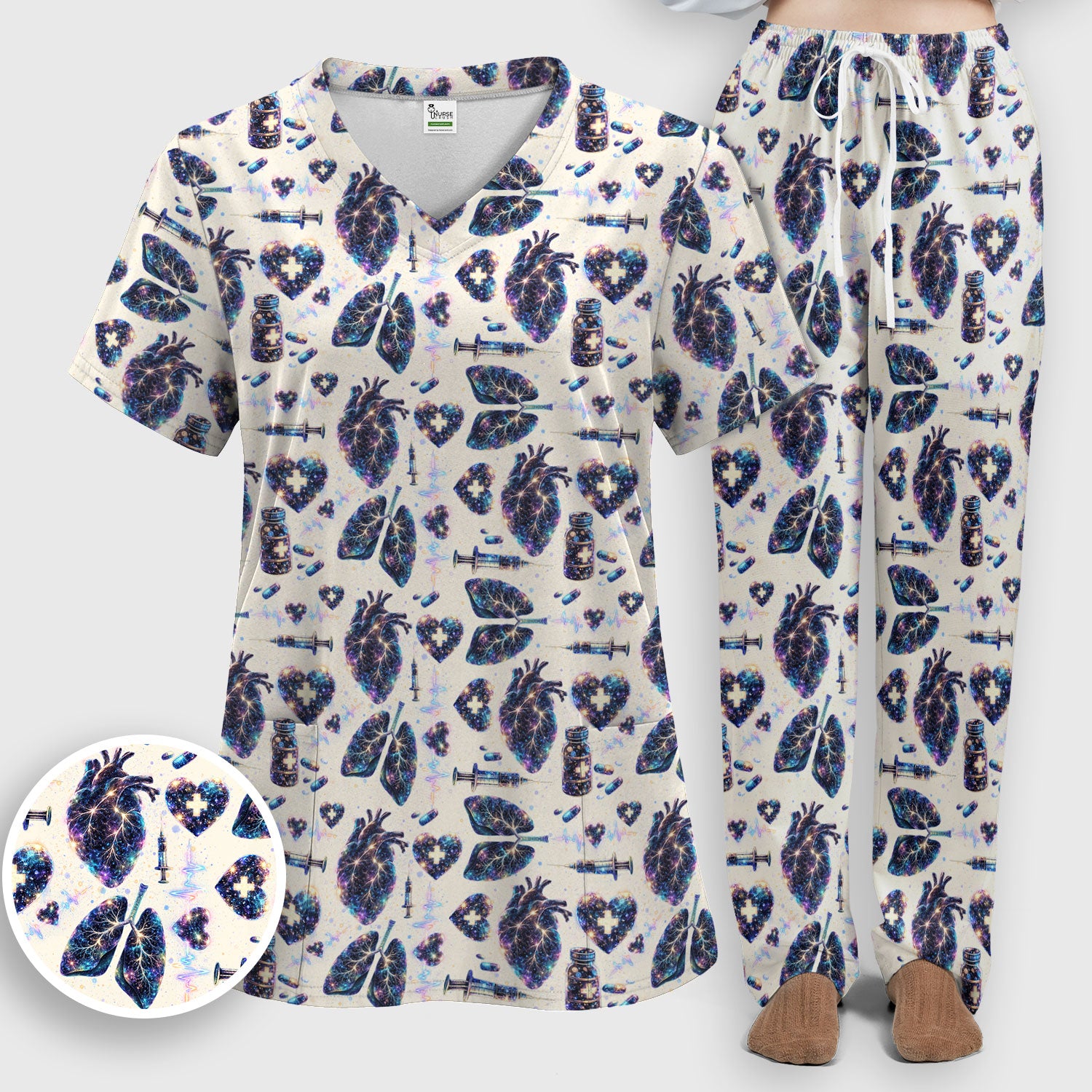 Galaxy Anatomical Heart Lung Syringe Print Scrub Set, Breathable Med Uniform