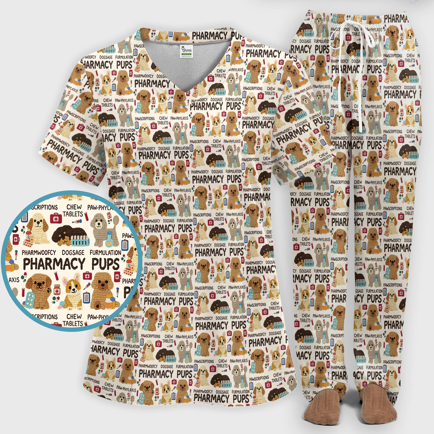 Pharmacy Pups Scrub Set for Women - Cute Dog Medical Uniform for Pharmacists & Vet Techs - Fun Pharmacy Nursing Gift